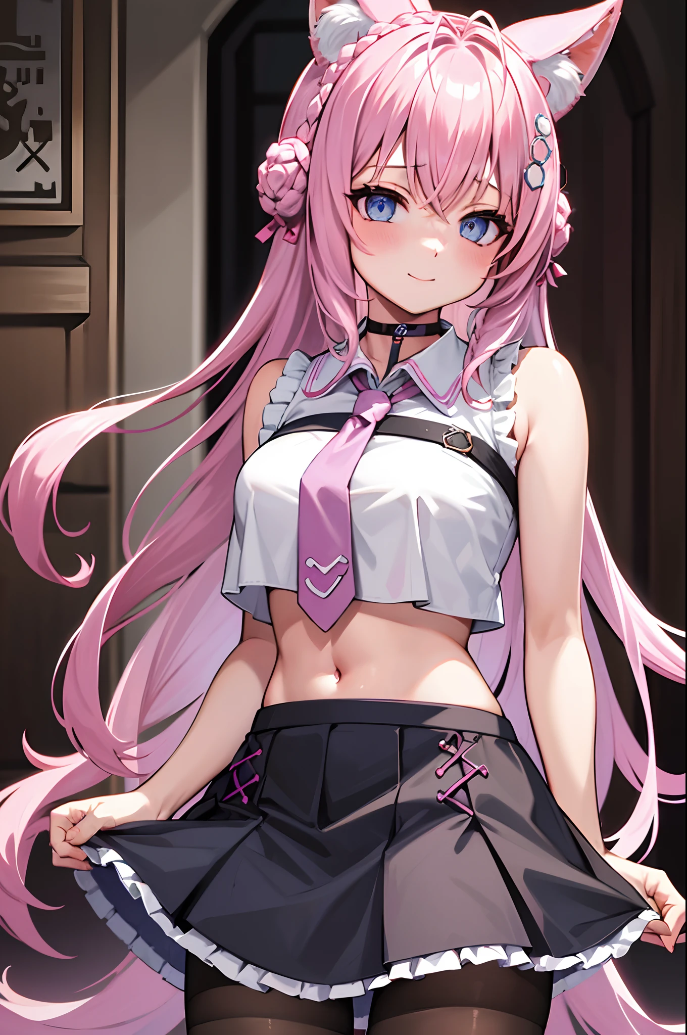 The Masterpiece,best qualiy,Hi-Res,standing a,DEF1,lora:Koyori-000015:1,pink tie,tights,hairornaments,Lilac eyes,One-sided braid,Sorrisos,1girl, animal ear fluff, animal ears, arm behind back, bangs, black choker, black skirt, blue eyes, blush, braid, braided bun, breasts, brown pantyhose, choker, closed mouth, cowboy shot, crop top, crop top overhang, crown braid, double bun, frilled skirt, frills, hair bun, hair ornament, hakui koyori, indoors, long hair, medium breasts, midriff, miniskirt, navel, necktie, pantyhose, pink hair, pink necktie, shirt, skirt, sleeveless, sleeveless shirt, smile, solo, standing, tail, hite shirt, wolf ears, wolf tail, masterpiece,highres,best quality, masterpiece, best quality, ultra-detailed