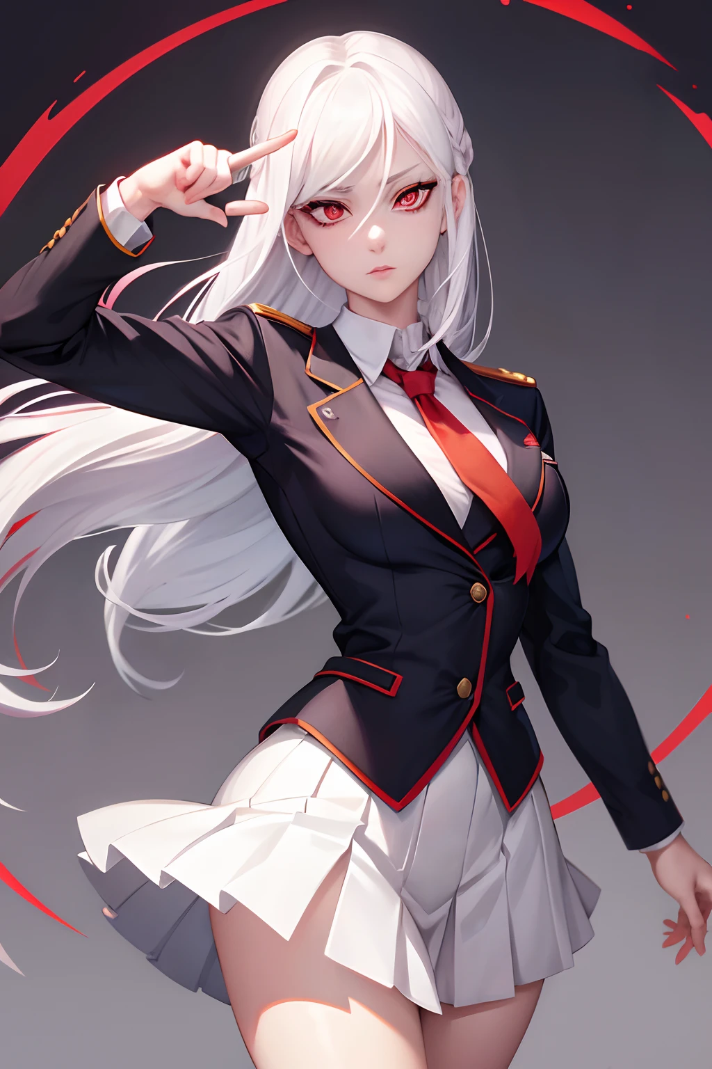 white hair, red eyes, woman, school uniform, jojo pose, linda, white hair, red eyes