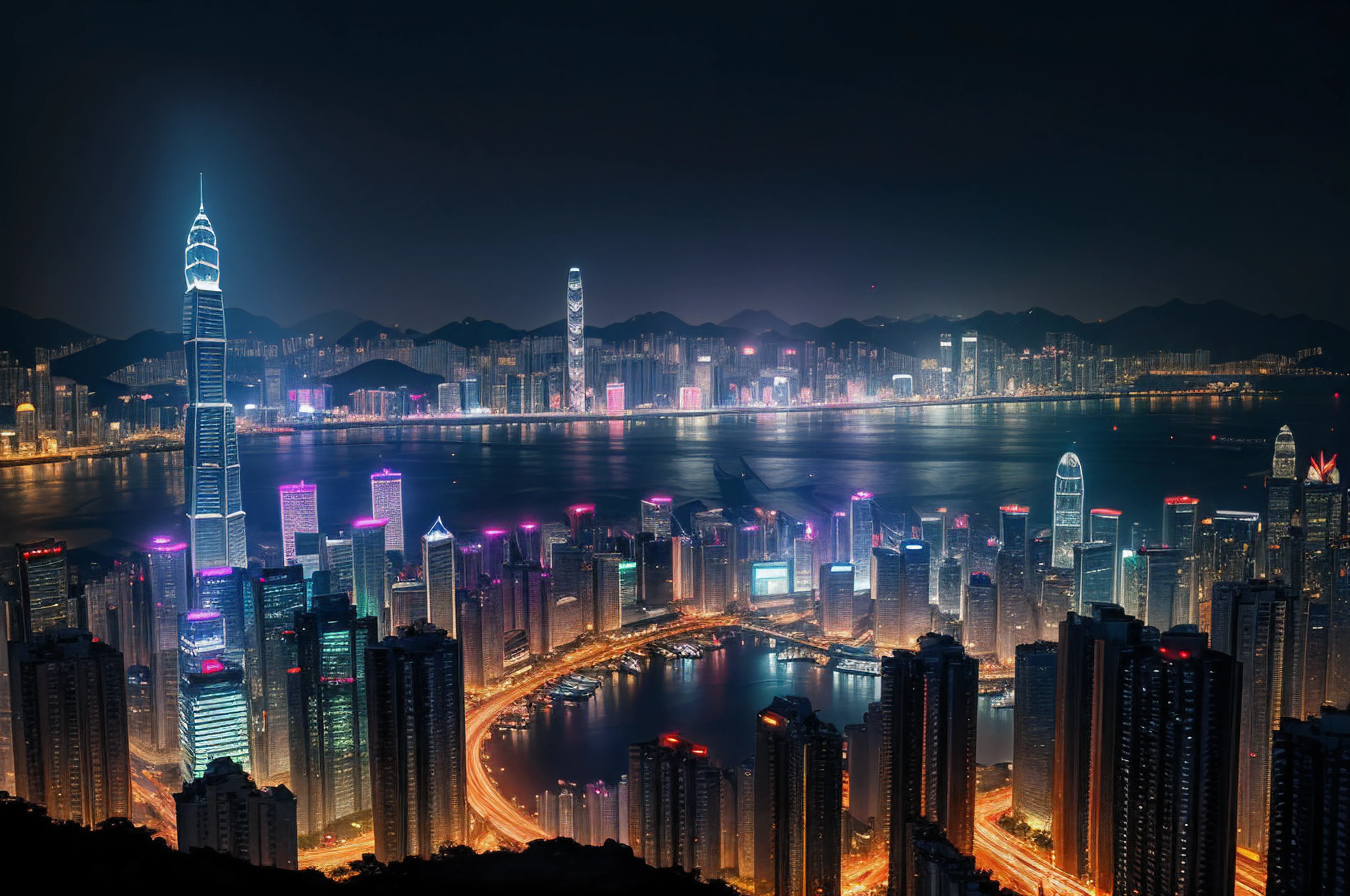 Crea la imagen de kowloon como una ciudad futurista, distopic. Bajo la lluvia, full of buildings of very stylized designs, en tonos azules, violetas y verdes. 8K, bokeh, hiperrealista, Long shutter style.