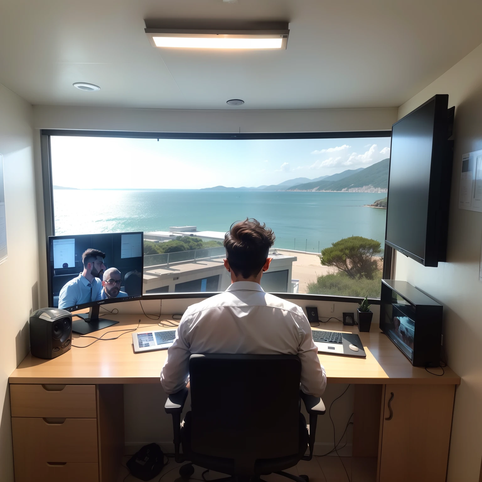 Vista panoramica. Homem sentado em mesa de marmore, 3 monitores de computador conectados. Videoconferencing with 5 people. Wall behind the glass computer overlooking the sea
