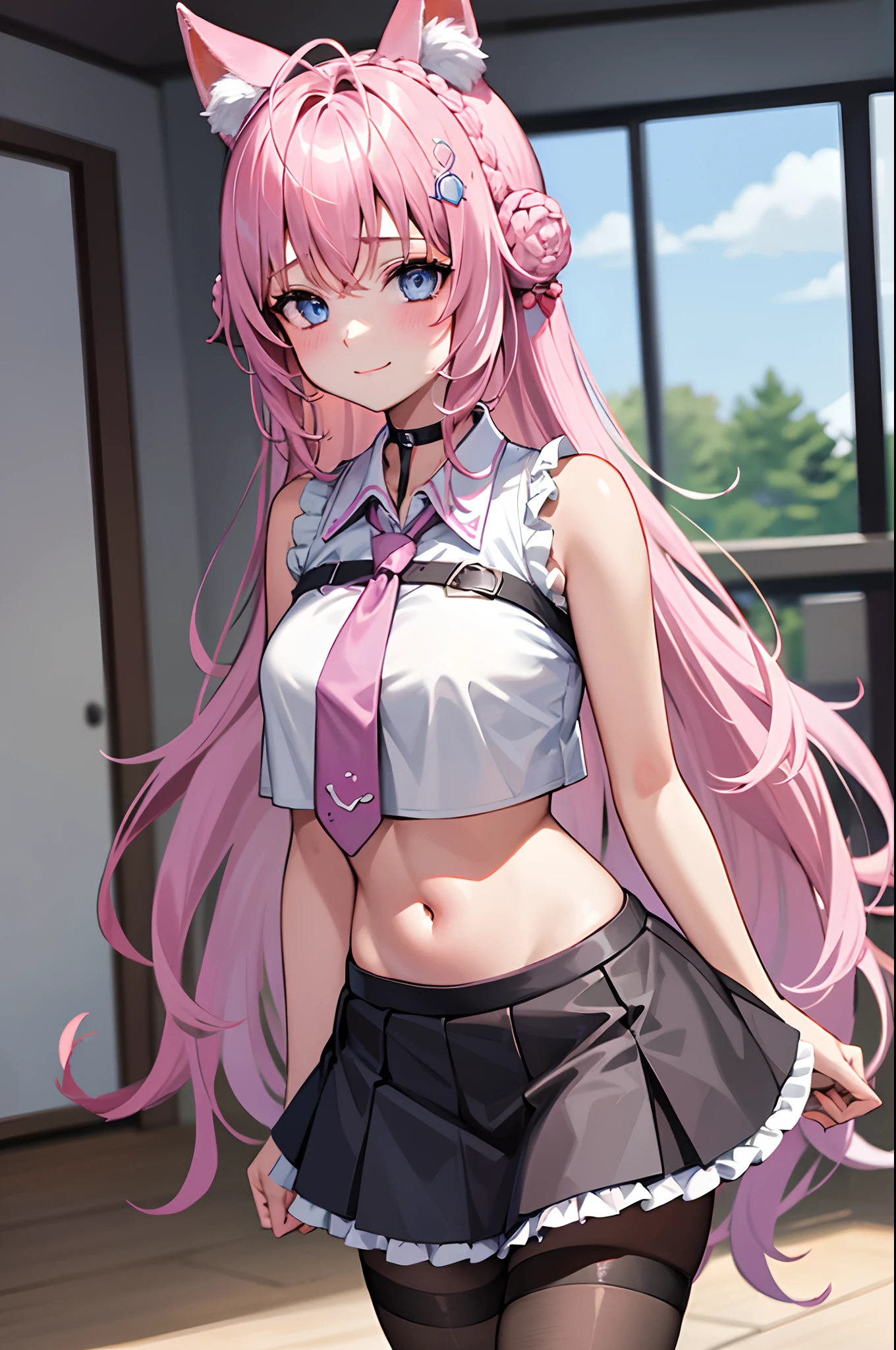 The Masterpiece,best qualiy,Hi-Res,standing a,DEF1,lora:Koyori-000015:1,pink tie,tights,hairornaments,Lilac eyes,One-sided braid,Sorrisos,1girl, animal ear fluff, animal ears, arm behind back, bangs, black choker, black skirt, blue eyes, blush, braid, braided bun, breasts, brown pantyhose, choker, closed mouth, cowboy shot, crop top, crop top overhang, crown braid, double bun, frilled skirt, frills, hair bun, hair ornament, hakui koyori, indoors, long hair, medium breasts, midriff, miniskirt, navel, necktie, pantyhose, pink hair, pink necktie, shirt, skirt, sleeveless, sleeveless shirt, smile, solo, standing, tail, hite shirt, wolf ears, wolf tail, masterpiece,highres,best quality, masterpiece, best quality, ultra-detailed