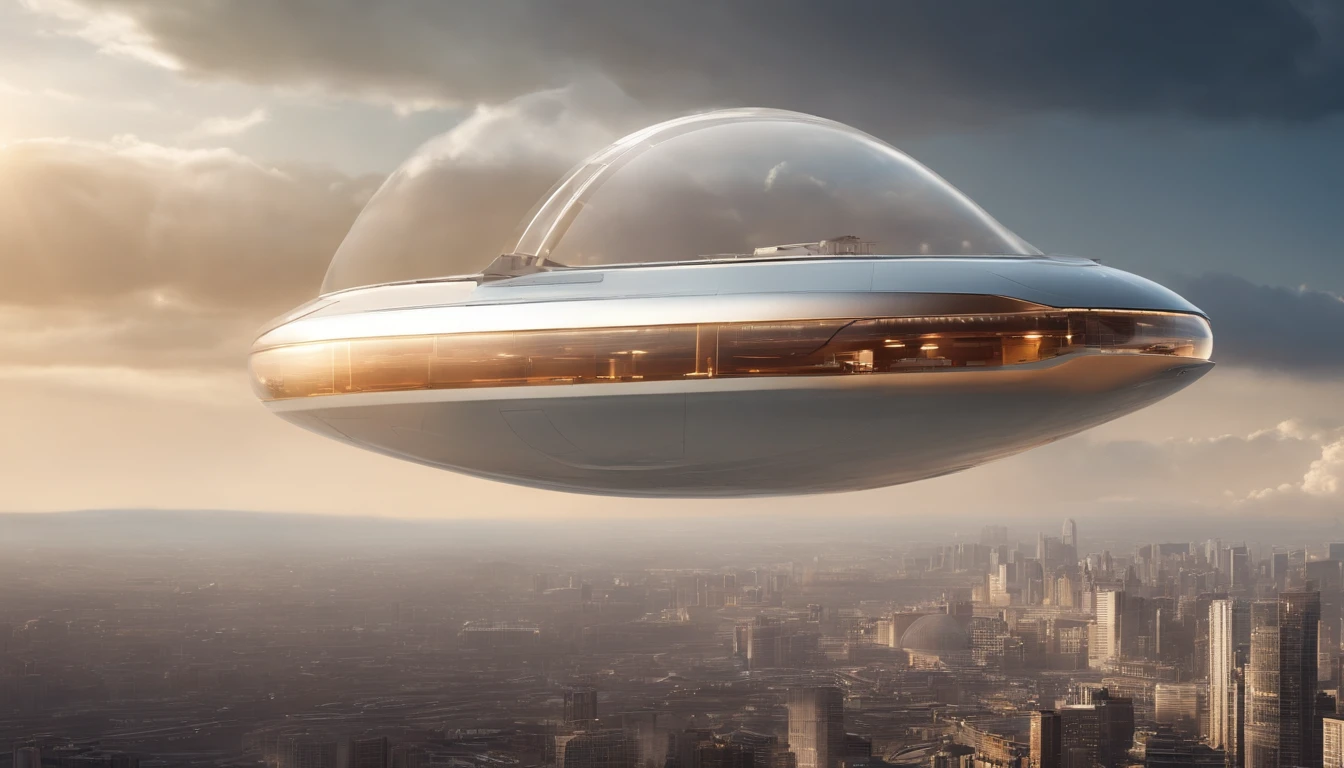 future cargo ship, design oval, cabine transparente showing piloto, flying at altitude over a city with gleaming buildings on a planet illuminated by the midday sun, (4K, 16K, masterpiece, raw photo, best quality, details), (beautiful, aesthetic, perfect, delicate, intricate)