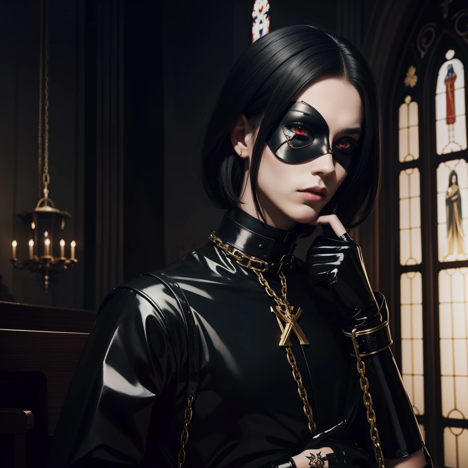 God holy blasphemous androgynous half male prophet selfie portrait in church collar choker one eye patch, sockings , latex clothes chained, long gloves, silk sockings, makeup