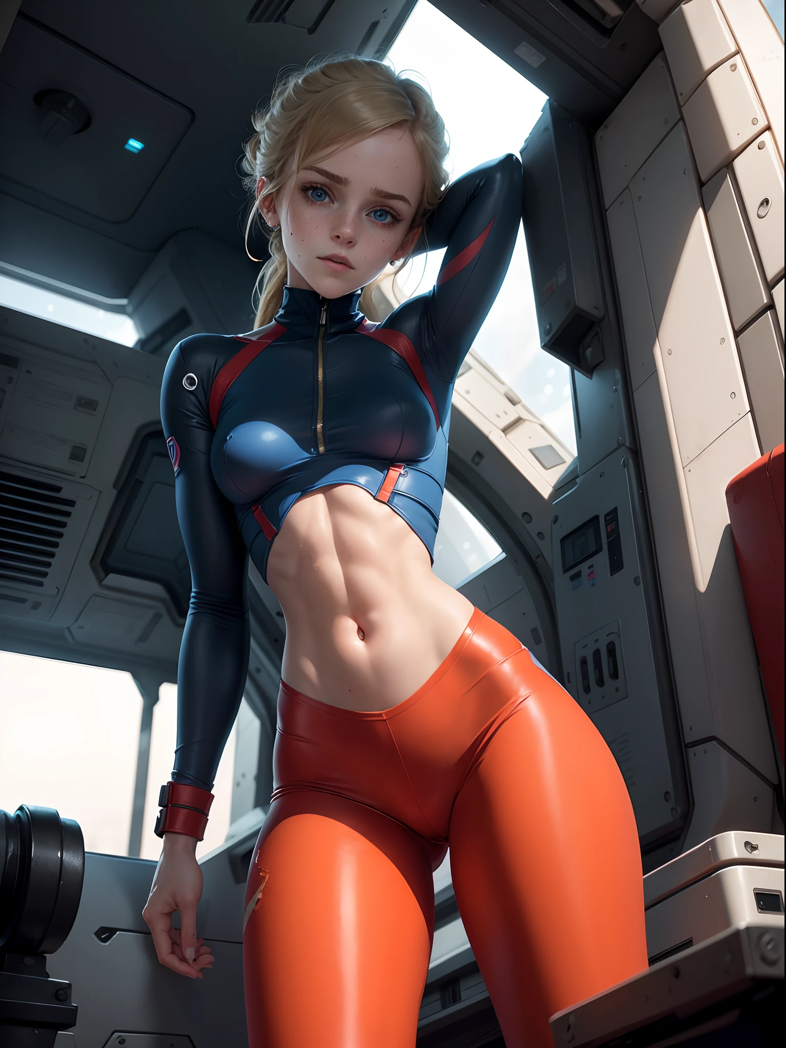 teen emma watson dressed in a plugsuit of evangelion blonde. freckles. sparkly blue eyes that speak of innocence and acceptance. Slender frame and beautiful figure. tight red pants. crop top. reading while lying outside a spaceship. ripped clothes exposing muscle. sci-fi.