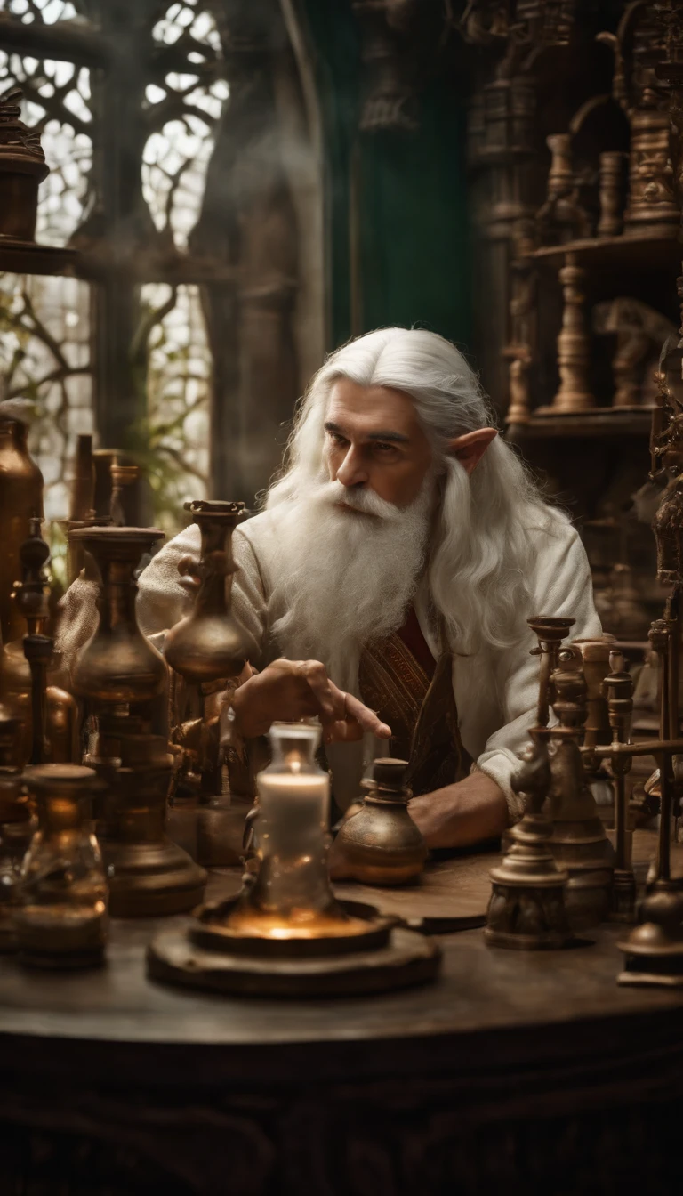 Figure of an extremely detailed white-haired elf man in an alchemy lab, de frente a um espelho, observando o seu reflexo