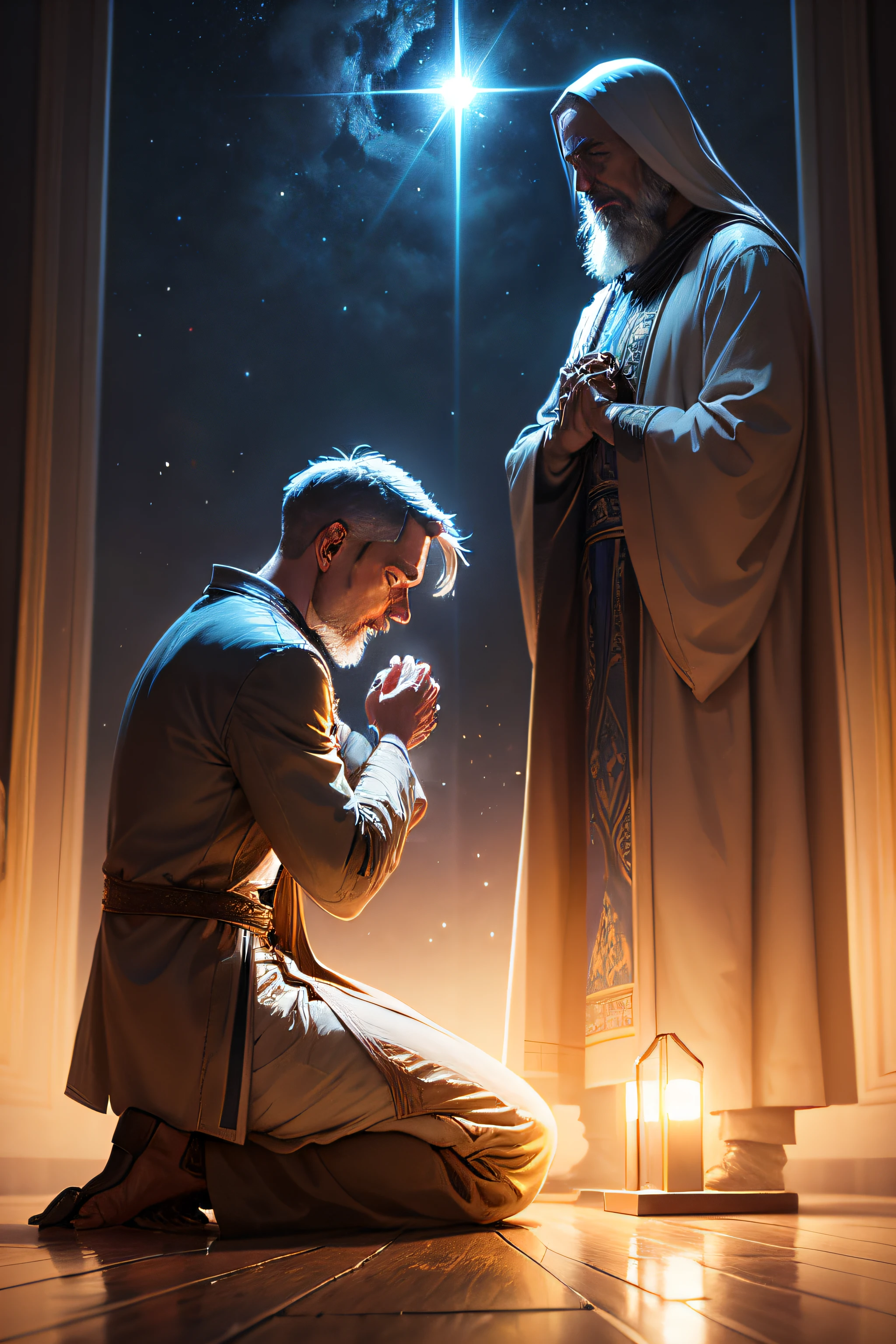 prophet Job kneeling praying to God, in the background image of the illuminated sky