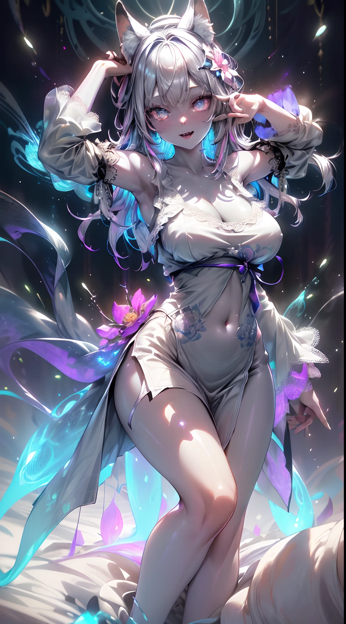 spiritual blue fire fluffy fox girl, (fluffy fox ears, fluffy fox tail), (spirit, spiritual:1.4), (blue fire:1.5), 1girl, perfect and well designed glowing shiny eyes, (beautiful detailed eyes:1.05), (big breats:1.6), slim body, beautiful and delicate cute face, (face detail), ((realistic face)), pores, ((pale grey skin)), detailed skin, realistic skin, (((bioluminescence))), ((shiny skin)), (fangs:1.5), (multicolored gradation skin), (monster girl:1.25), (fur body:1.4), human face, medium length hair, hair voluminous, (((((multicolored gradation hair))))), super high resolution, 8k, parameters Best quality, (masterpiece:1.4), (magic accessories:1.4), bracelets, extremely detailed thick tight ({nylon|lycra}:1.5) pastel bright ((dark blue, (blue:0.4), silver:1.3), (pink, purple:0.75)) ornate ({(dress shirt with stand-up collar:0.85)|(white (strapless dress:1.2),(bra:1.15))|({(satin:0.9)|(lace:1.4)} (tank top:1.5))}, (kimono sleeves:1.35), (white (night dress:1.35), (pleated miniskirt:0.65))), (bare shoulders:1.6), (standing nipples under cloth:1.25), (ornaments on clothing:1.5), (neckline:1.3), (cleavage:1.3), decolette, navel, Young Girl, Little Beast, (Smile:0.7), (pale Skin:1.4), (((flower tattoos all over body, flower tattoos all over legs))), ultra detailed, photorealistic, ((Real image)), (best quality:1.4), super high resolution, (Realistic 2.0), More details, (((1girl))), (laying on bed:1.25), (spacious bedroom:1.5), city and buildings behind a window, futuristic, cyberpunk, magic technologies, (beautiful and aesthetic:1.2), (fractal art:1.4), (cinematic light:1.1), (close DUTCH ANGLE:1.3), 16K, HDR, RTX, Ray Tracing, Radiosity, Anisotropic Filtering, Subsurface Scattering, (((magic lights))), metallic reflections, Detailed, Realistic, 4k highly detailed digital art, (cool_color), extremely detailed CG unity 8k wallpaper, vibrant colors, (seductive pose:1.6)
