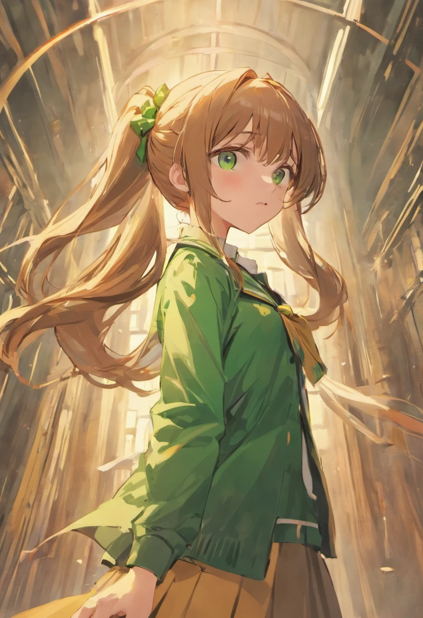 1 girl, tall, goegeous, long ponytail hair, light brown hair, green eyes, beautiful, school uniform, ddlc, monika