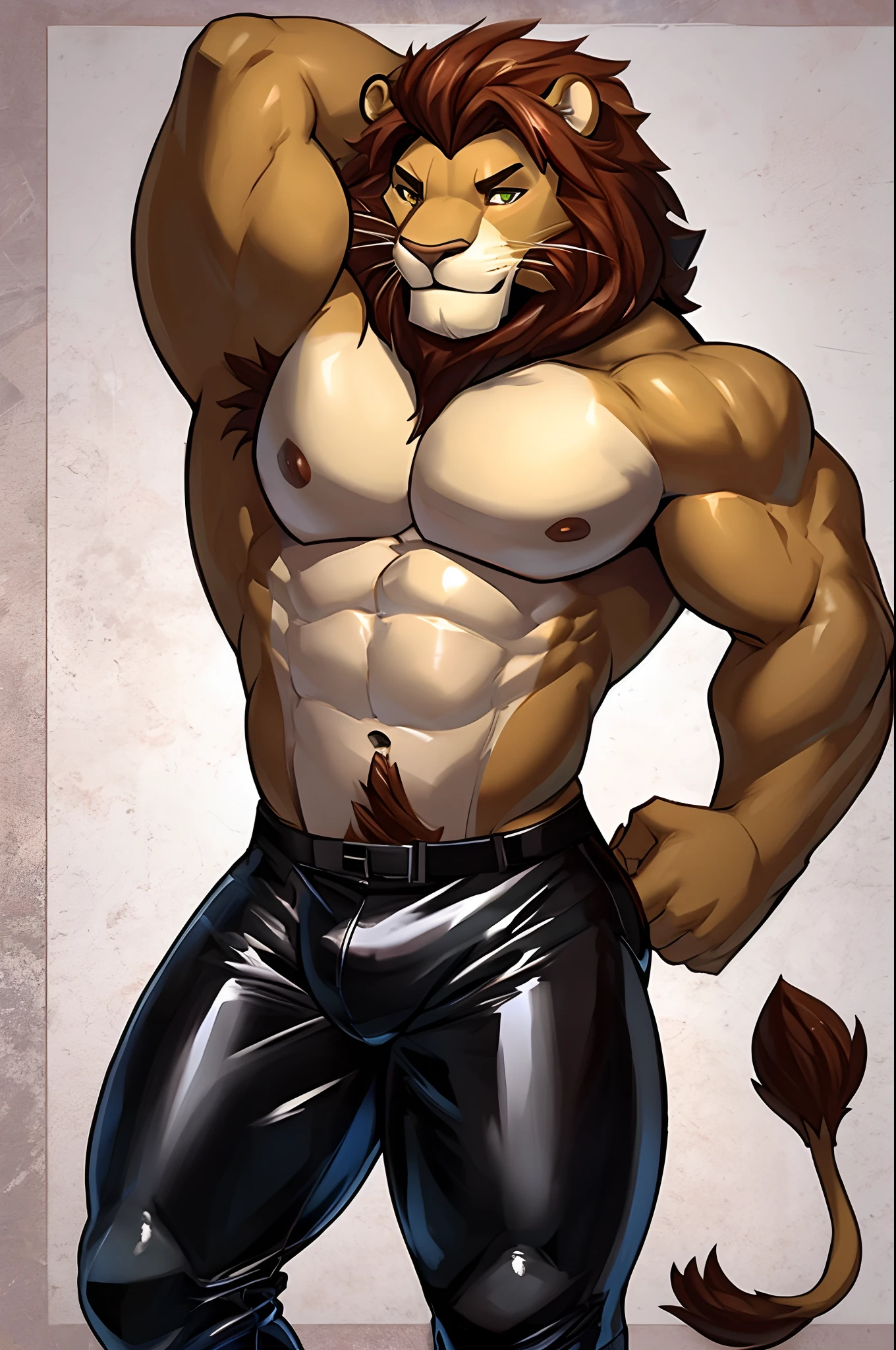 sozinho, masculino, corpo forte, lion tin on his side with one arm behind his head without clothes , wearing only latex pants, corpo inteiro