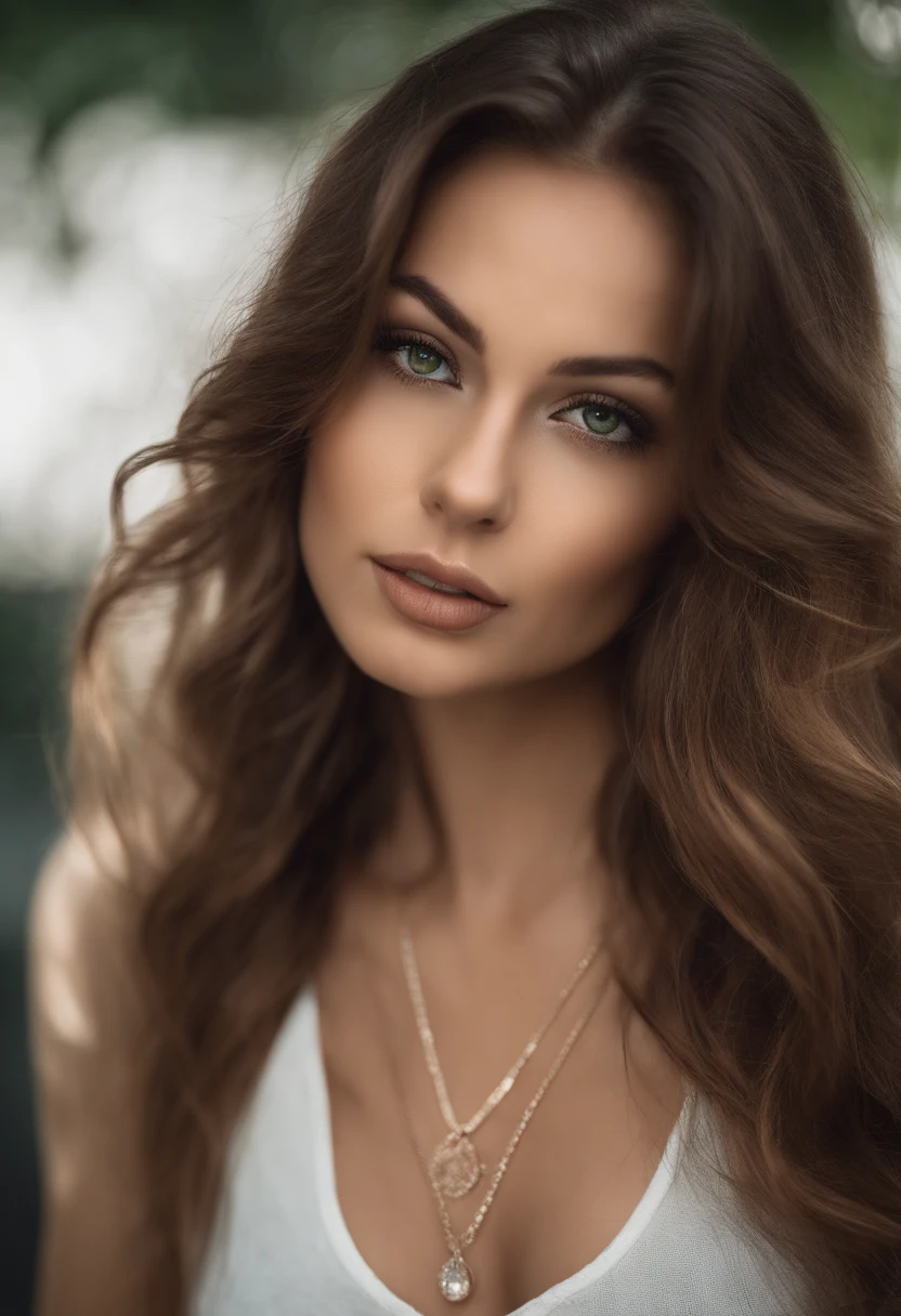 Arafed woman with white tank top and necklace, Sexy girl with green eyes, portrait sophie mudd, brown hair and big eyes, Selfie einer jungen Frau, Augen in diskothek, Violet Myers, ohne Make-up, Natural makeup, Blick direkt in die Kamera, Gesicht mit Artgram, dezentes Make-up, Stunning full body shot, piercing green eyes, Nice angle, attraktive Pose, Cute girl, sexy Pose, Full body image, full entire body, full body shoot, brunette goddess, Hohe Detailgenauigkeit, Zufriedene Pose, Rock aus Leder, Rock
