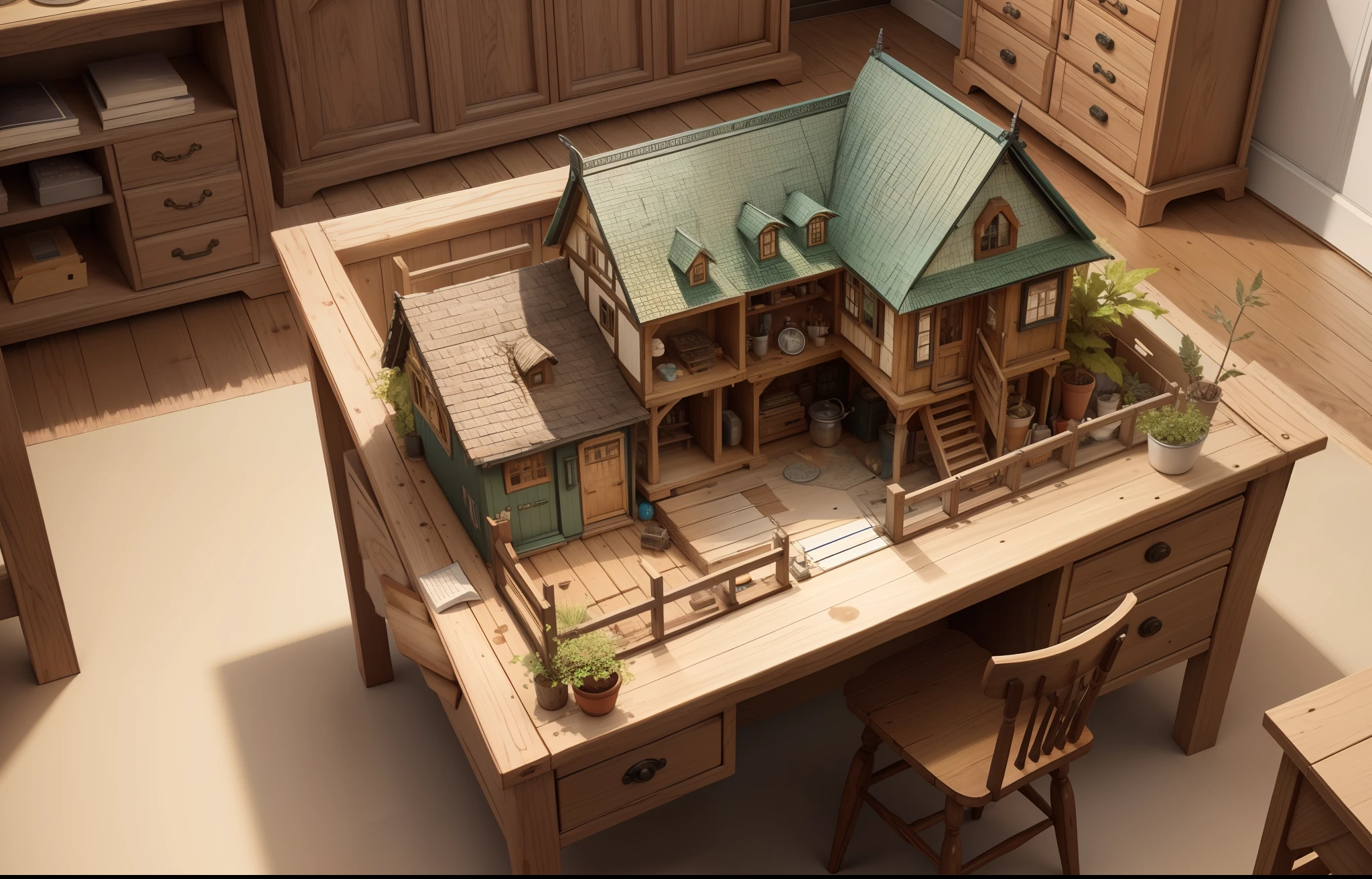 Criar uma imagem horizontal, It should be a top view of a craftsman's desk, incluir elementos como frascos de tinta, ruler, estilete e uma pequena casa em miniatura.