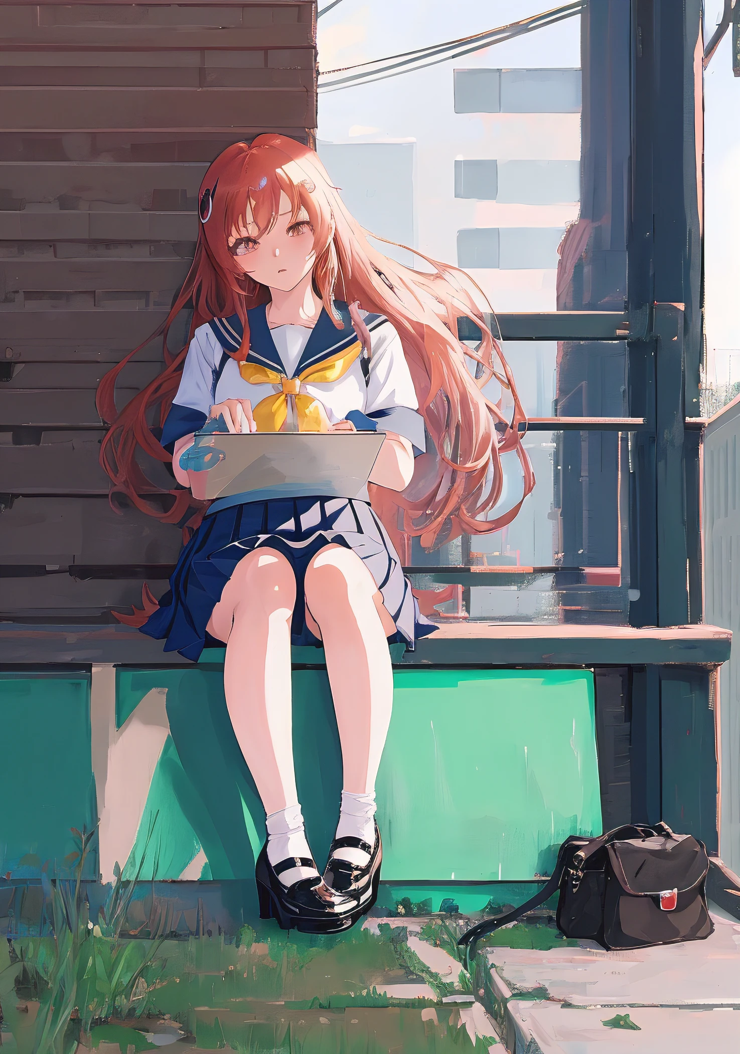 Anime girl in skirt and high heels sitting on the wall, the anime girl is crouching, Realistic Schoolgirl, a hyperrealistic schoolgirl, Ecchi anime style, a hyperrealistic schoolgirl, Ecchi style, Rei Hiroe, beautiful anime girl squatting, Ecchi, of a schoolgirl posing, beautiful anime high school girl, wearing skirt