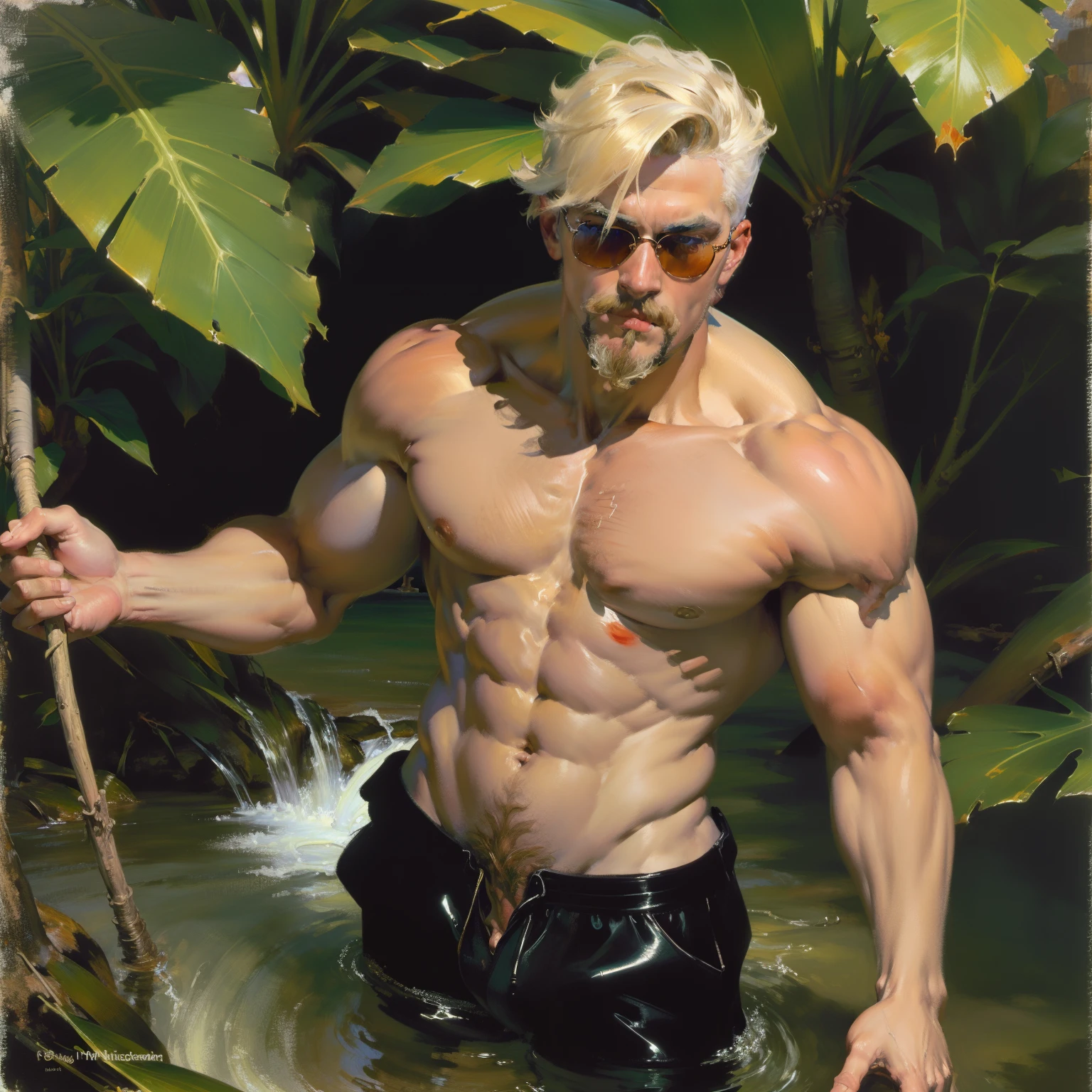 (a European-Caucasian 18-year-old young man),(white and fair-skinned),(dark blond hair),(mustache and goatee),(strong physique),(emerging from the water of a river in the Amazon),(wearing only shorts with a giant penis),(with sunglasses),(in a 1926 painting).
(material: oil painting),(ultra-detailed),(realistic),(vivid colors),(highres),(masterpiece:1.2),
(additional details: lush rainforest vegetation),(exotic birds flying overhead),(sunlight filtering through the trees),(water droplets on his skin),(ripples in the river),(contrast between sunlight and shadows),
(artistic style: impressionism),(color palette: vibrant and contrasting),(lighting: natural sunlight).