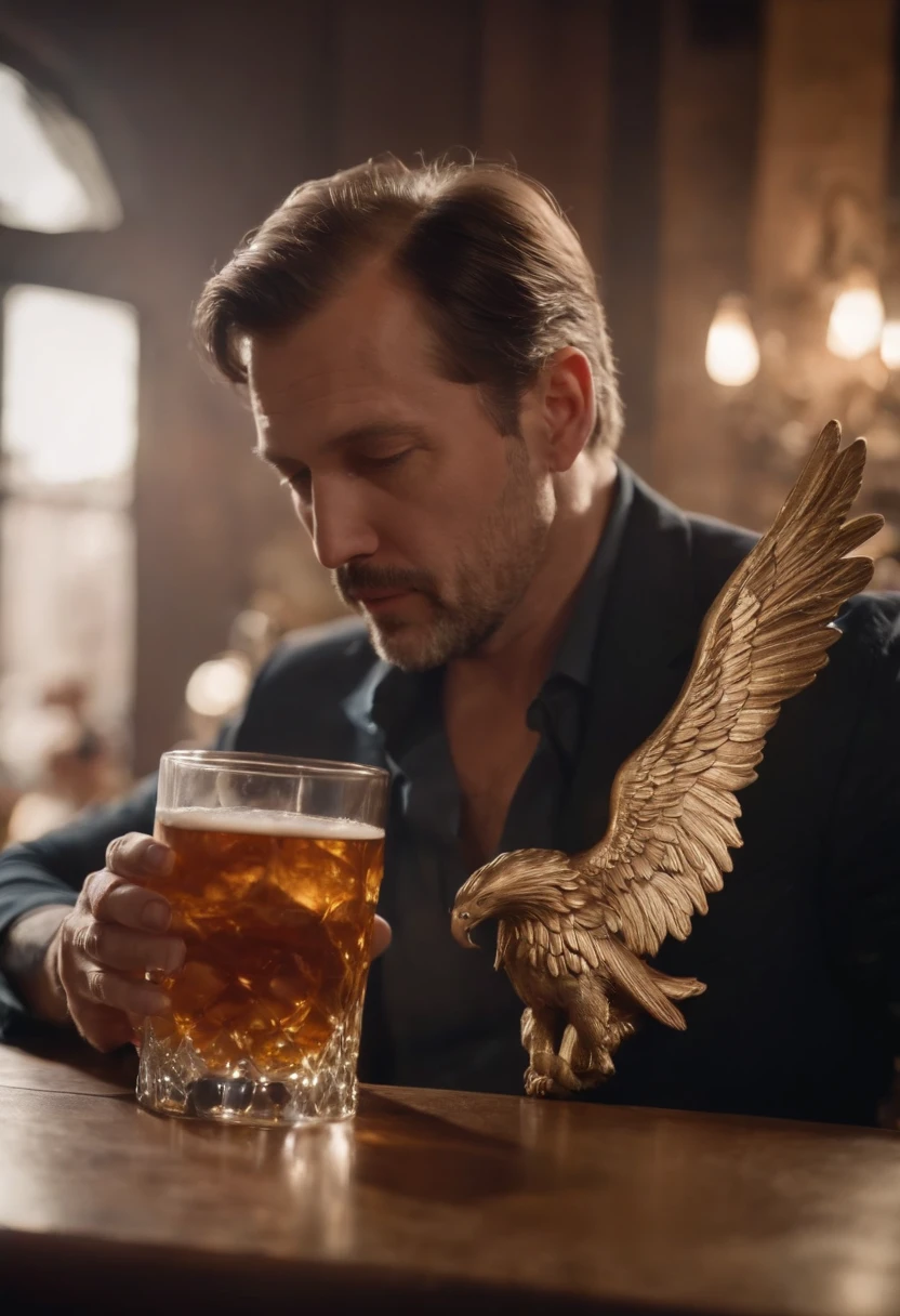 A middle-aged man with big angel wings drinks whiskey on a bar counter, muitas doses de bebida sobre a mesa