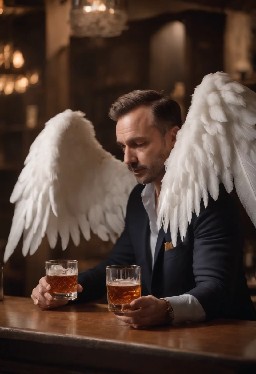 A middle-aged man with big angel wings drinks whiskey on a bar counter, muitas doses de bebida sobre a mesa