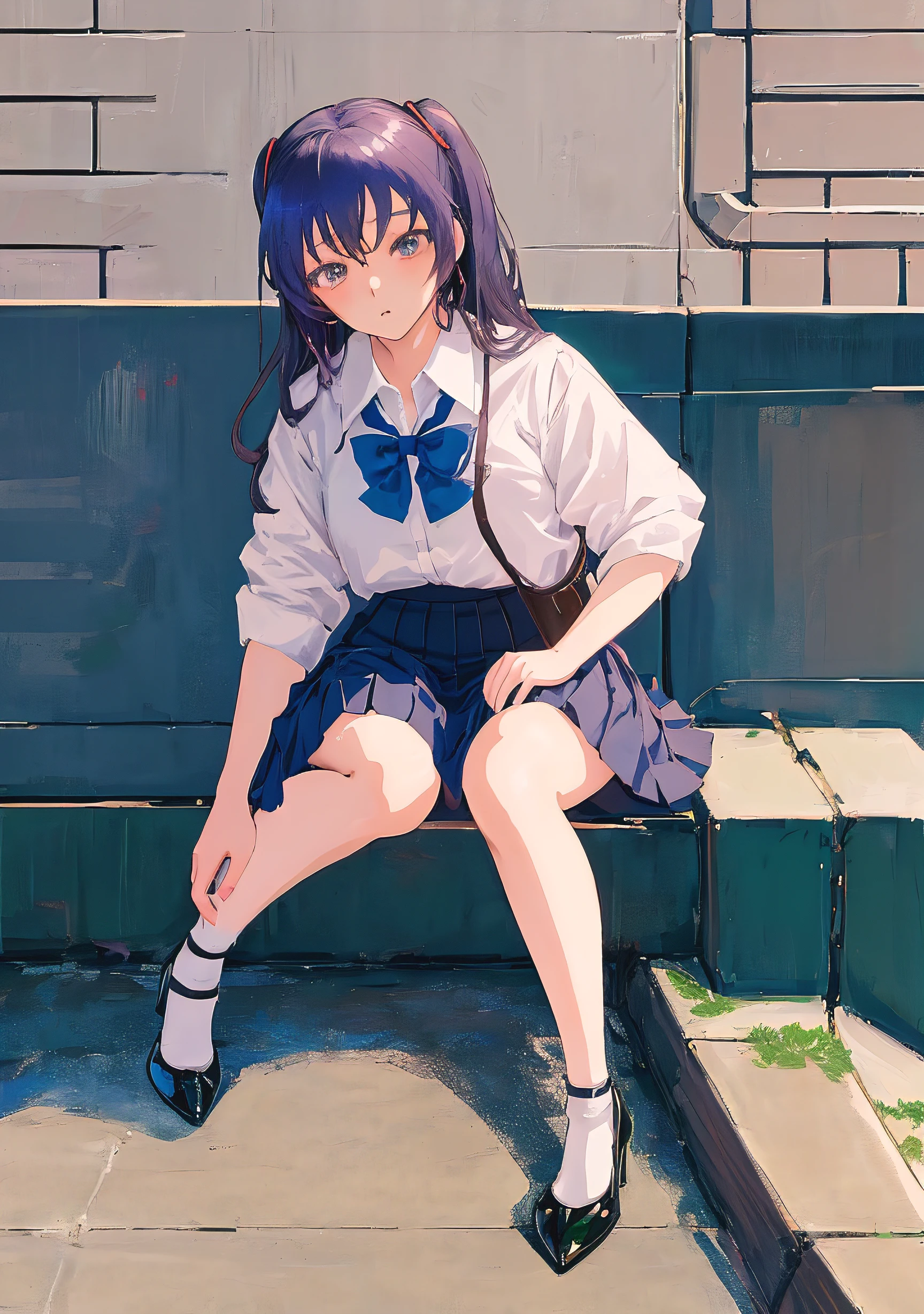 Anime girl in skirt and high heels sitting on the wall, the anime girl is crouching, Realistic Schoolgirl, a hyperrealistic schoolgirl, Ecchi anime style, a hyperrealistic schoolgirl, Ecchi style, Rei Hiroe, beautiful anime girl squatting, Ecchi, of a schoolgirl posing, beautiful anime high school girl, wearing skirt