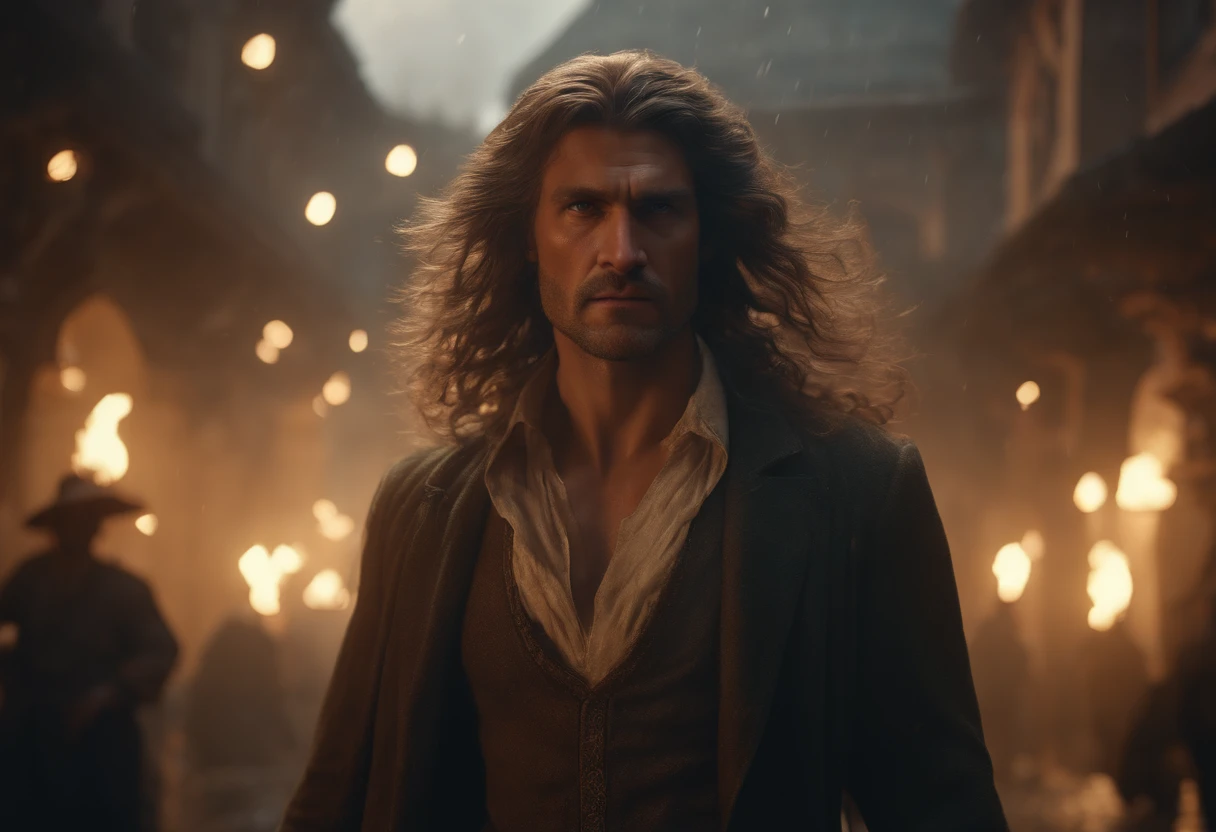 (professional 3d render:1.3) af (Realistic:1.3) most beautiful artwork photo in the world of leonardo da vinci painting himself ((Epic Modern futreristic hero fantasy rough angry look long messy hair and ferocious expression in dynamic pose, Fantastic location, Majestic cluttered environment)), full body 8k unity render, action shot, skin pore, dark lighting, heavy shading, Detailed, Detailed oldface, (vibrant, photograph realistic, Realistic, Dramatic, Dark, Sharp focus, 8K), (Old cotton garments damaged by weathering:1.4), ((((Wear shirt)))), (Intricate:1.4), decadent, (Highly detailed:1.4), Digital painting, rendering by octane, art stations, concept-art, smooth, Sharp focus, illustration, Art germ, (loish:0.23), wlop ilya kuvshinov, and greg rutkowski and alphonse mucha, (Global illumination, Studio light, volumettic light), heavy rain, particles floating, lotr, fantasy, elf, full bodyesbian, ((Dark and ancient city background:1.3)),CGSesociety,art stations