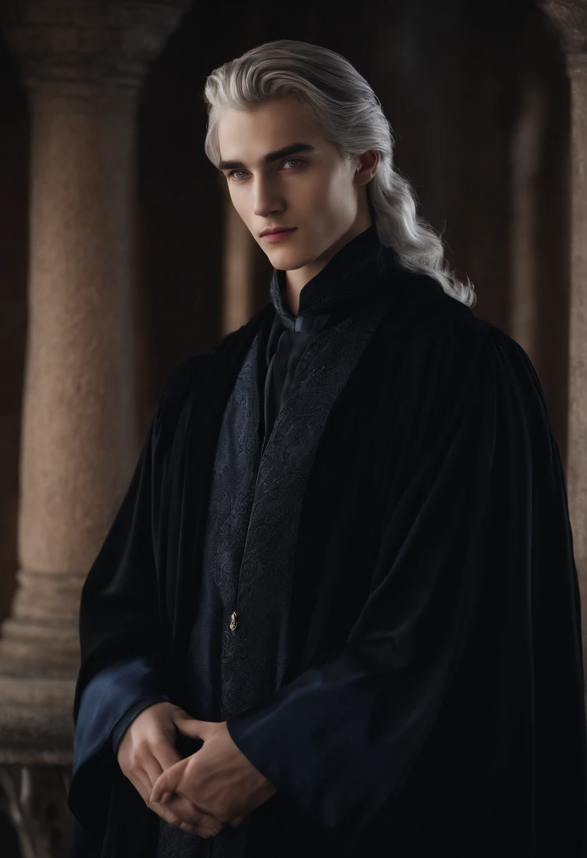 Ai older looking 17 year old guy that looks like draco with black hair grey/blue eyes in a wizard black robe from Hogwarts