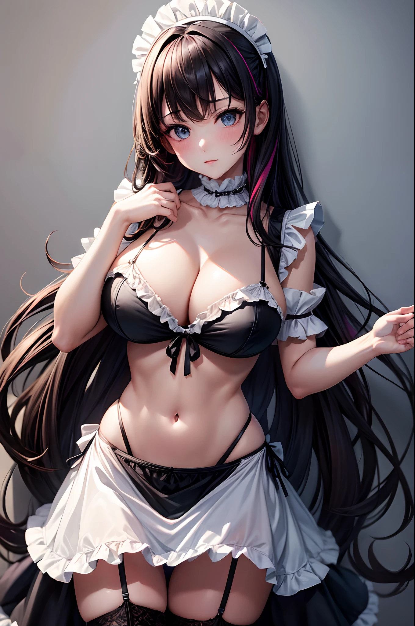 1girl, absurdres, high res, ultrasharp, 8K, masterpiece, looking at viewer, human, thighs, breasts, huge breasts, cleavage, long hair, bangs, hair ornament, multicolored hair, maid bikini, frilled bikini, black bikini, maid apron, filled apron, frills, unconventional maid, garter strap, garter belt, thighhighs, collarbone, frilled collar, blush