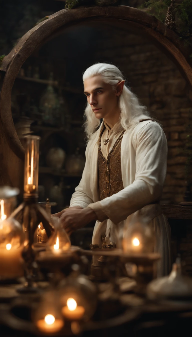 Half elf, sleepy eyes, Wise man, neck-length hair, messy hair, thin beard, drunkard, mediaval, Dress neatly, Wearing a shirt and robe, white hair