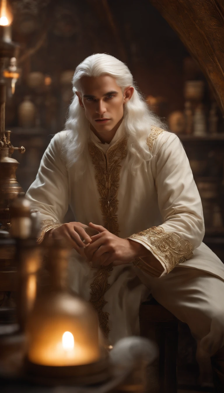 Figure of an extremely detailed young elf man with white hair in an alchemy laboratory, de frente de um espelho, observando o seu reflexo