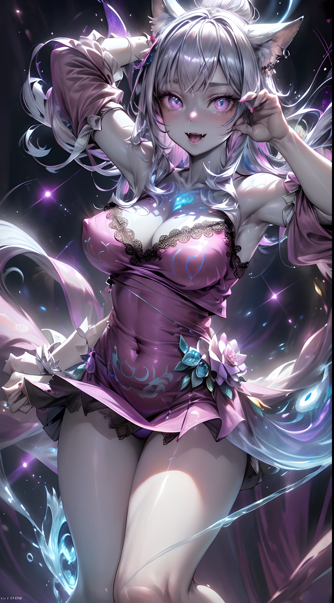 spiritual blue fire fluffy fox girl, (fluffy fox ears, fluffy fox tail), (spirit, spiritual:1.4), (blue fire:1.5), 1girl, perfect and well designed glowing shiny eyes, (beautiful detailed eyes:1.05), (big breats:1.65), slim body, beautiful and delicate cute face, (face detail), ((realistic face)), pores, ((pale grey skin)), detailed skin, realistic skin, (((bioluminescence))), ((shiny skin)), (fangs:1.5), (multicolored gradation skin), (monster girl:1.25), (fur body:1.4), human face, medium length hair, hair voluminous, (((((multicolored gradation hair))))), super high resolution, 8k, parameters Best quality, (masterpiece:1.4), (magic accessories:1.4), bracelets, extremely detailed thick tight ({nylon|lycra}:1.5) pastel bright ((dark blue, (blue:0.4), silver:1.3), (pink, purple:0.75)) ornate ({(dress shirt with stand-up collar:0.85)|(pink (strapless dress:1.2),(bra:1.35))|({(satin:0.9)|(lace:1.4)} (tank top:1.5))}, (red kimono sleeves:1.35), (light purple (night dress:1.35), (pleated miniskirt:0.85))), (bare shoulders:1.6), (standing nipples under cloth:1.2), (ornaments on clothing:1.5), (neckline:1.3), (cleavage:1.3), decolette, navel, Young Girl, Little Beast, (Smile:0.7), (pale Skin:1.4), (((flower tattoos all over body, flower tattoos all over legs))), ultra detailed, photorealistic, ((Real image)), (best quality:1.4), super high resolution, (Realistic 2.0), More details, (((1girl))), (laying on bed:1.25), (spacious bedroom:1.5), city and buildings behind a window, futuristic, cyberpunk, magic technologies, (beautiful and aesthetic:1.2), (fractal art:1.4), (cinematic light:1.1), (close DUTCH ANGLE:1.3), 16K, HDR, RTX, Ray Tracing, Radiosity, Anisotropic Filtering, Subsurface Scattering, (((magic lights))), metallic reflections, Detailed, Realistic, 4k highly detailed digital art, (cool_color), extremely detailed CG unity 8k wallpaper, vibrant colors, (seductive pose:1.6)