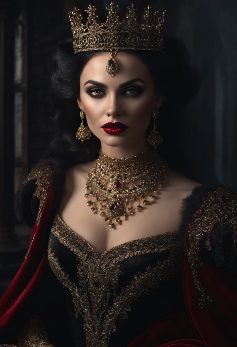 (best quality,4k,8k,highres,masterpiece:1.2),ultra-detailed,(realistic,photorealistic,photo-realistic:1.37),dark,majestic,beautiful evil queen,deep red velvet gown,long flowing black hair,crown adorned with precious gemstones,piercing,mesmerizing eyes,straight perfect nose,full,red lips,royal posture,golden scepter,powerful,enchanted mirror,ominous,stormy clouds,breathtakingly detailed castle,gothic architecture,ornate chandeliers,moonlight illuminating the scene,heavy mist,subtle glow from spellbound spells,rich color palette,contrasting shadows,hauntingly captivating,foreboding,powerful aura