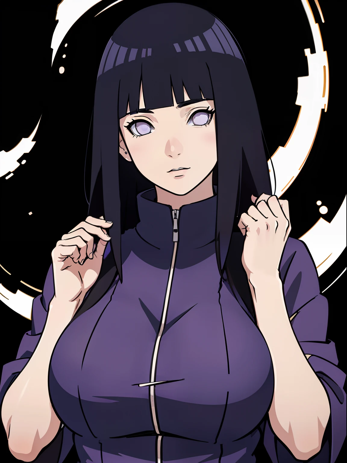 Good quality, details, 2D, black background, mature hinata hyuuga, big breasts, purple clothing, long hair, white eyes, based in naruto shippuden art style