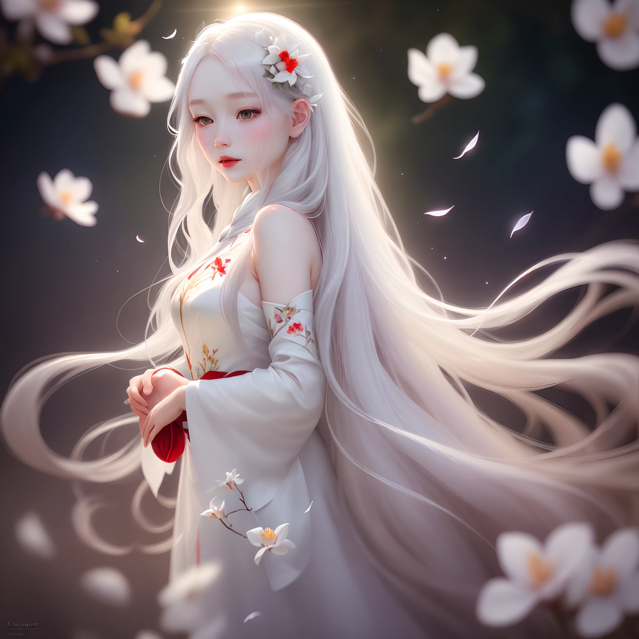 Side face, silver pupils, red lips, messy fluttering hair, long white hair, falling flowers, (backlight), masterpiece, highest quality, lens flare, shadow, bloom, [[chromatic aberration] ], (Alphonse Mucha) , digital painting, white porcelain skin, fluttering long hair, wearing a red cheongsam, a person, upper body, delicate face, delicate skin, standing among flowers under the moonlight, calm water
