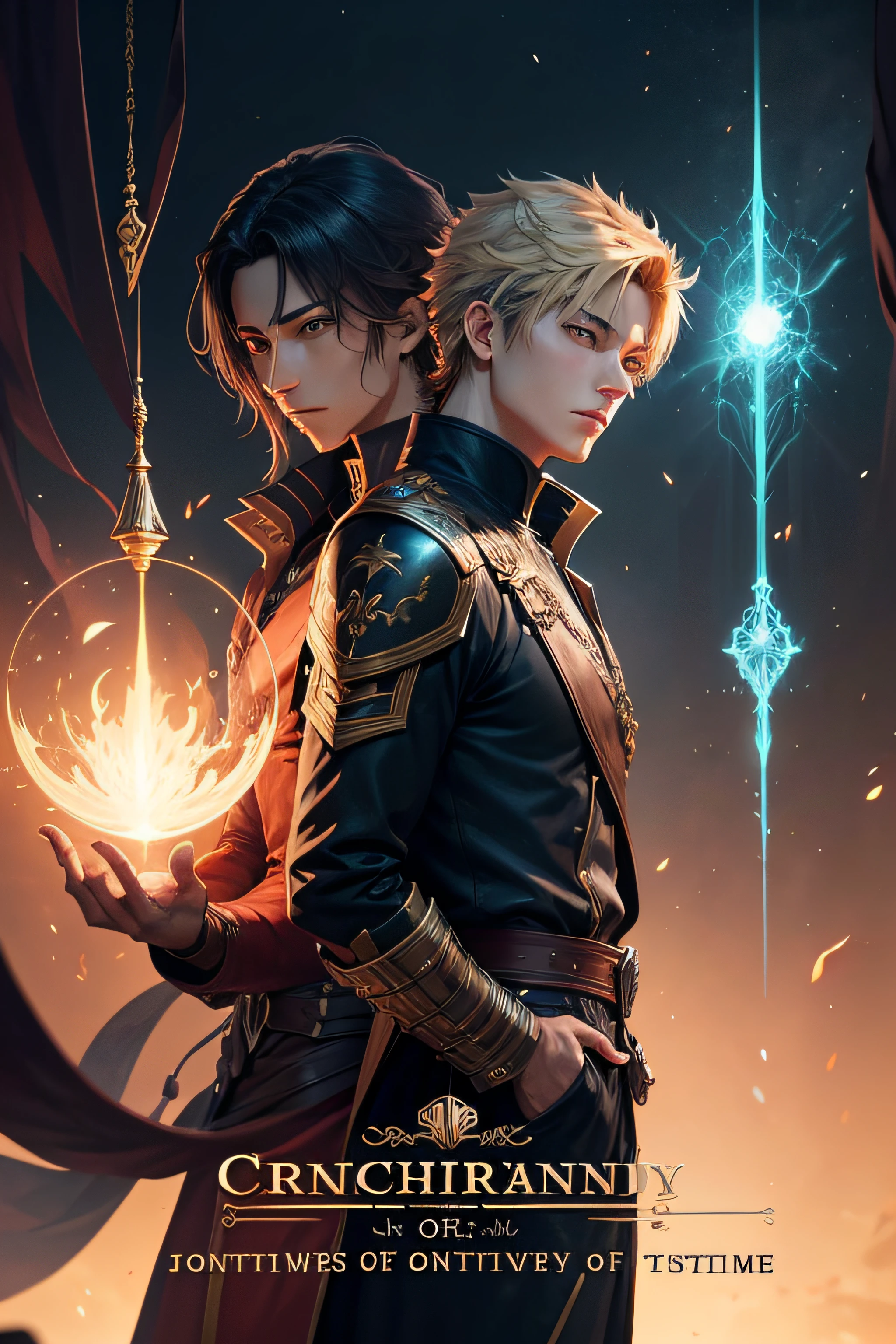 "Create an anime-style illustration for the book cover of 'Chronicles of the Extraordinary: Journeys Through Time and Destiny.' Depict the main characters, Othello and Dalen, in a captivating scene that combines elements of their academic life and their adventurous quest. Use rich colors and dynamic composition to convey the sense of mystery and magic that permeates their extraordinary journey."