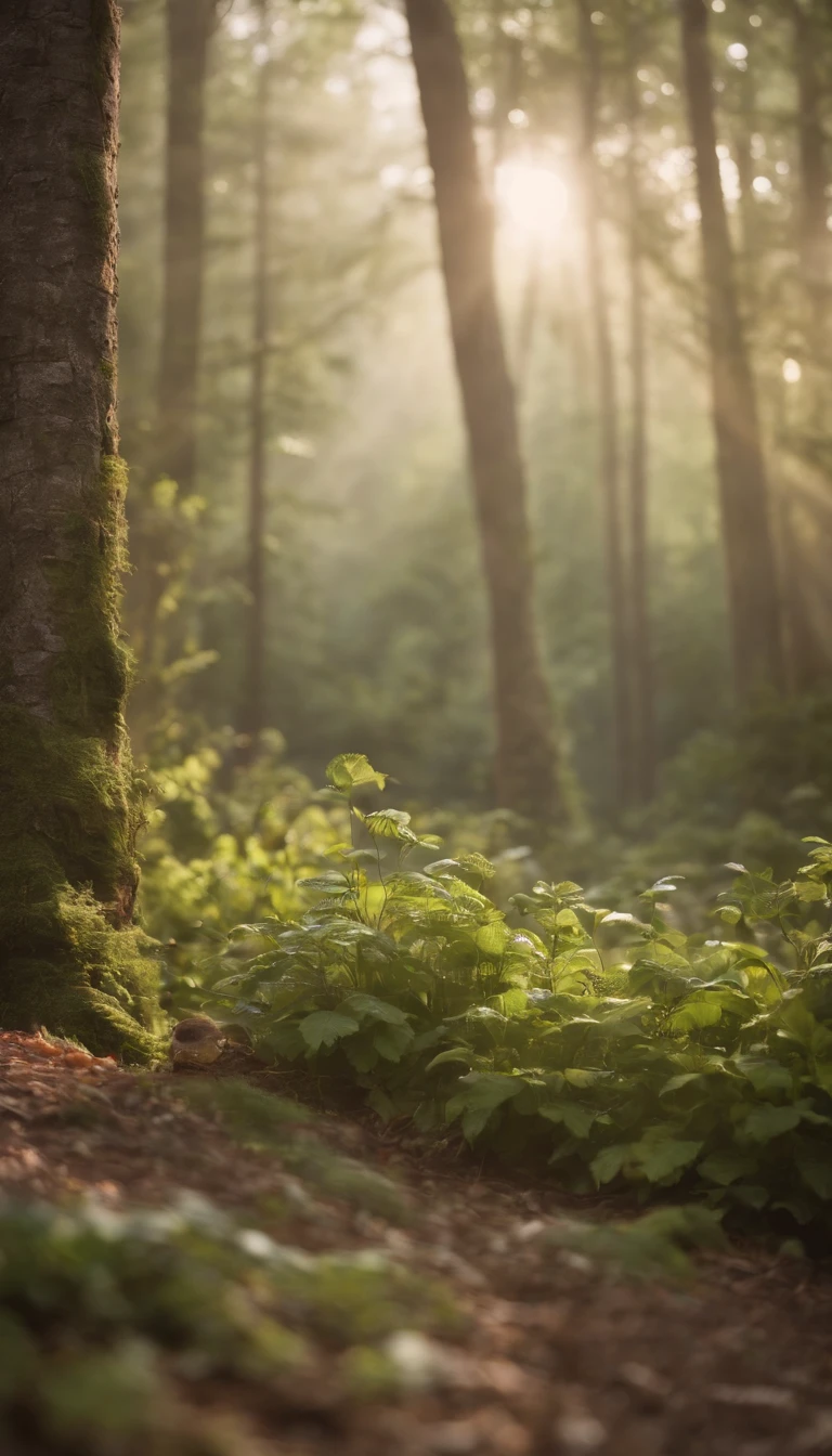 Sunlight shining through the trees in a forest with ferns - SeaArt AI