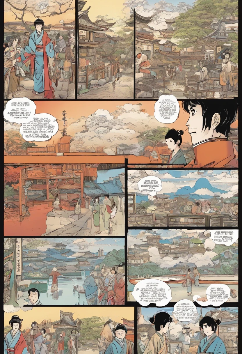 Quadrinhos japoneses, The comic is presented in several irregular black and white panels. Japanese boy meets with friends on Japanese New Year. The style is exaggerated and detailed