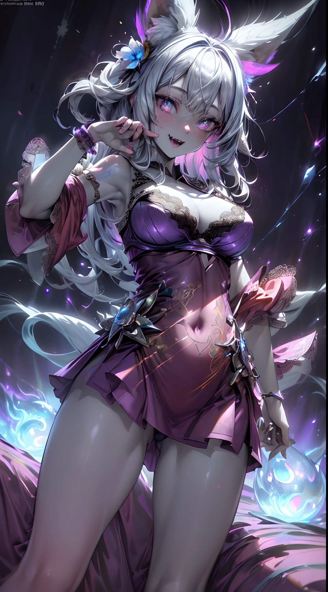 spiritual blue fire fluffy fox girl, (fluffy fox ears, fluffy fox tail), (spirit, spiritual:1.4), (blue fire:1.5), 1girl, perfect and well designed glowing shiny eyes, (beautiful detailed eyes:1.05), (big breats:1.8), slim body, beautiful and delicate cute face, (face detail), ((realistic face)), pores, ((pale grey skin)), detailed skin, realistic skin, (((bioluminescence))), ((shiny skin)), (fangs:1.5), (multicolored gradation skin), (monster girl:1.25), (fur body:1.4), human face, medium length hair, hair voluminous, (((((multicolored gradation hair))))), super high resolution, 8k, parameters Best quality, (masterpiece:1.4), (magic accessories:1.4), bracelets, extremely detailed thick tight ({nylon|lycra}:1.5) pastel bright ((dark blue, (blue:0.4), silver:1.3), (pink, purple:0.75)) ornate ({(dress shirt with stand-up collar:1.1)|(pink (strapless dress:1.2),(bra:1.65))|({(satin:0.9)|(lace:1.4)} (tank top:1.5))}, (red kimono sleeves:1.35), (light purple (night dress:1.35), (pleated miniskirt:0.85))), (bare shoulders:1.6), (standing nipples under cloth:1.2), (ornaments on clothing:1.5), (neckline:1.3), (cleavage:1.3), decolette, navel, Young Girl, Little Beast, (Smile:0.7), (pale Skin:1.4), (((flower tattoos all over body, flower tattoos all over legs))), ultra detailed, photorealistic, ((Real image)), (best quality:1.4), super high resolution, (Realistic 2.0), More details, (((1girl))), (laying on bed:1.25), (spacious bedroom:1.5), city and buildings behind a window, futuristic, cyberpunk, magic technologies, (beautiful and aesthetic:1.2), (fractal art:1.4), (cinematic light:1.1), (close DUTCH ANGLE:1.3), 16K, HDR, RTX, Ray Tracing, Radiosity, Anisotropic Filtering, Subsurface Scattering, (((magic lights))), metallic reflections, Detailed, Realistic, 4k highly detailed digital art, (cool_color), extremely detailed CG unity 8k wallpaper, vibrant colors, (seductive pose:1.6)
