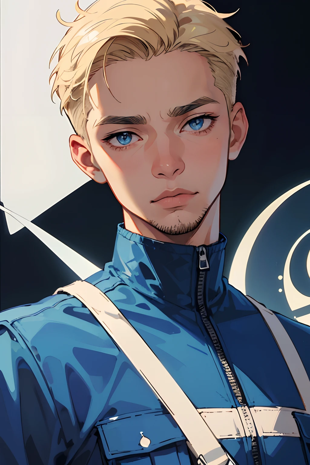 (masterpiece, best illustration, extreme light and shadow), a beautiful man, ((light Skin )) , short hair , blue eyes , blonde hair , wearing a team rocket uniform , Nike style jumpsuit , ((Has face stubble))  , solo Character