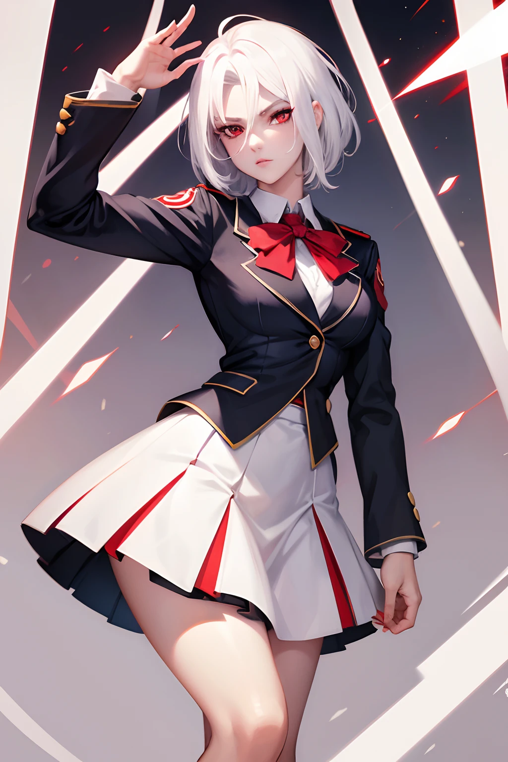 white hair, red eyes, woman, school uniform, jojo pose, white hair, red eyes, medium hair