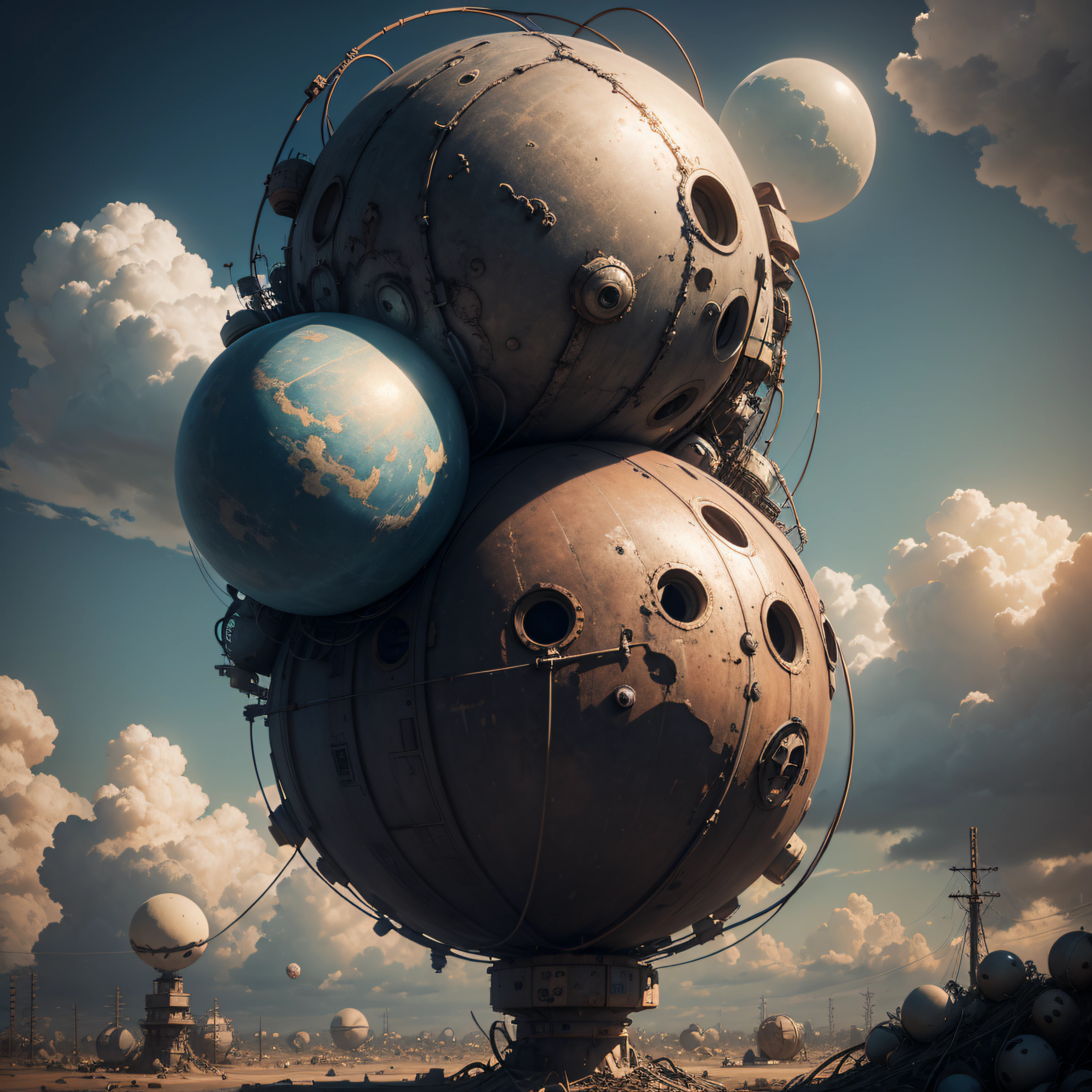 a bunch of old spherical bombs sitting in a pile of wires with a sky and clouds in the background, dystopian art, a detailed matte painting, neoplasticism