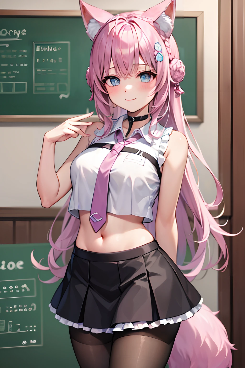 The Masterpiece,best qualiy,Hi-Res,standing a,DEF1,lora:Koyori-000015:1,pink tie,tights,hairornaments,Lilac eyes,One-sided braid,Sorrisos,1girl, animal ear fluff, animal ears, arm behind back, bangs, black choker, black skirt, blue eyes, blush, braid, braided bun, breasts, brown pantyhose, choker, closed mouth, cowboy shot, (pose), crown braid, double bun, frilled skirt, frills, hair bun, hair ornament, hakui koyori, indoors, long hair, medium breasts, midriff, miniskirt, navel, necktie, pantyhose, pink hair, pink necktie, shirt, skirt, sleeveless, sleeveless shirt, smile, solo, standing, tail, hite shirt, wolf ears, wolf tail, masterpiece,highres,best quality, masterpiece, best quality, ultra-detailed