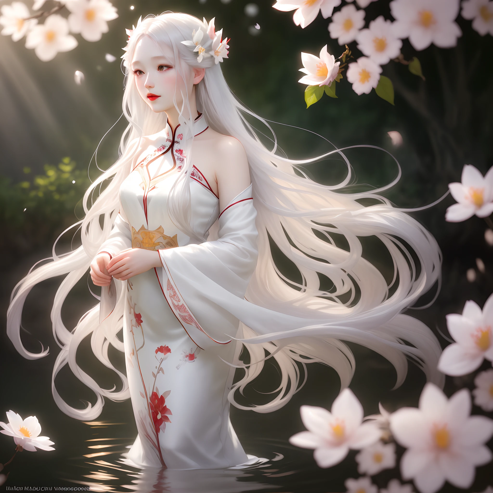 Side face, silver pupils, red lips, messy fluttering hair, long white hair, falling flowers, (backlight), masterpiece, highest quality, lens flare, shadow, bloom, [[chromatic aberration] ], (Alphonse Mucha) , digital painting, white porcelain skin, fluttering long hair, wearing a red cheongsam, a person, upper body, delicate face, delicate skin, standing among flowers under the moonlight, calm water