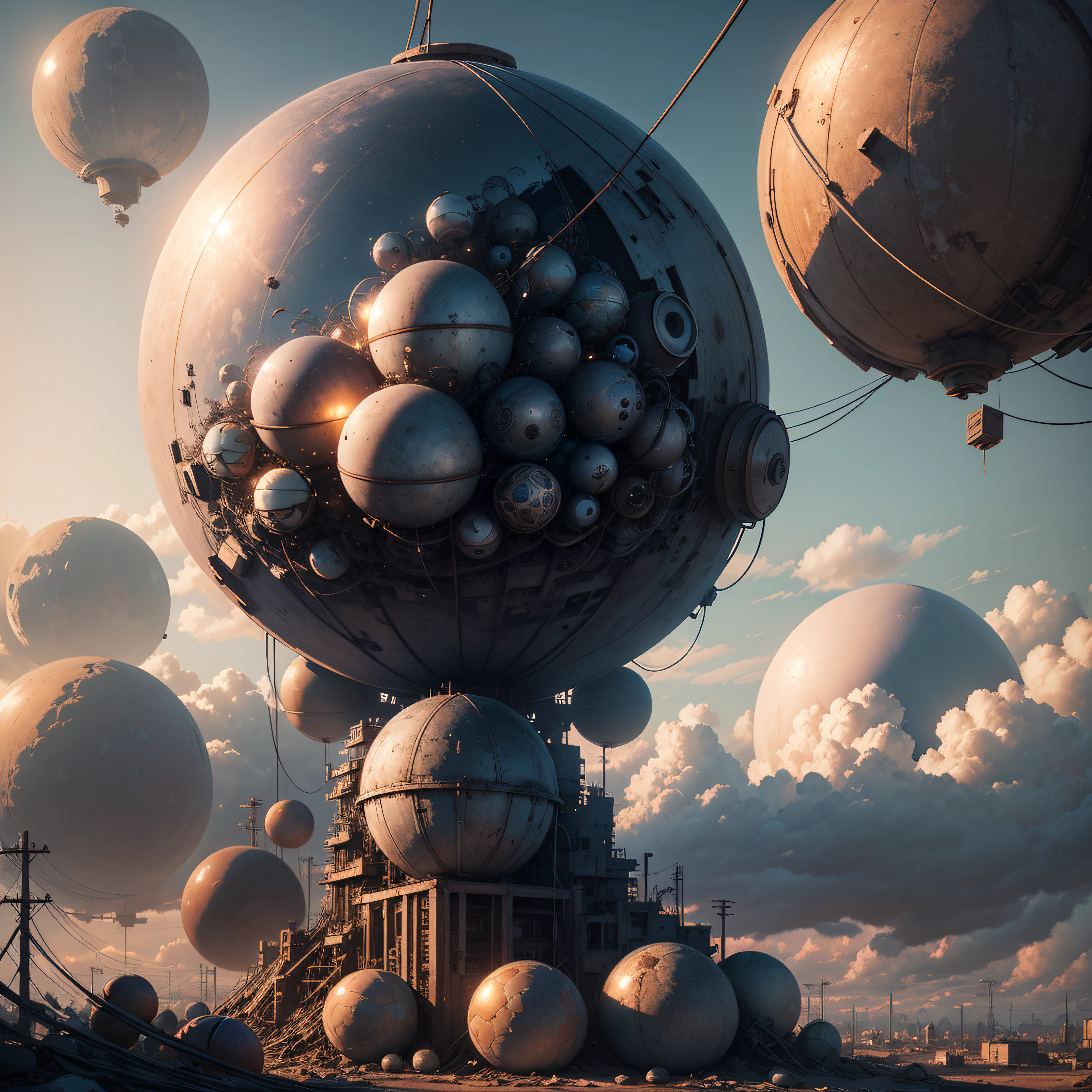 a bunch of old spherical bombs sitting in a pile of wires with a sky and clouds in the background, dystopian art, a detailed matte painting, neoplasticism