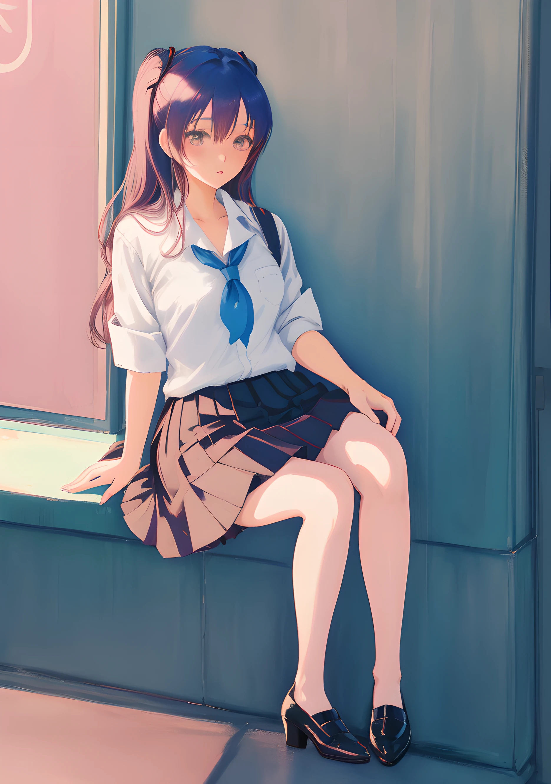 Anime girl in skirt and high heels sitting on the wall, the anime girl is crouching, Realistic Schoolgirl, a hyperrealistic schoolgirl, Ecchi anime style, a hyperrealistic schoolgirl, Ecchi style, Rei Hiroe, Ecchi, of a schoolgirl posing, beautiful anime high school girl, wearing skirt