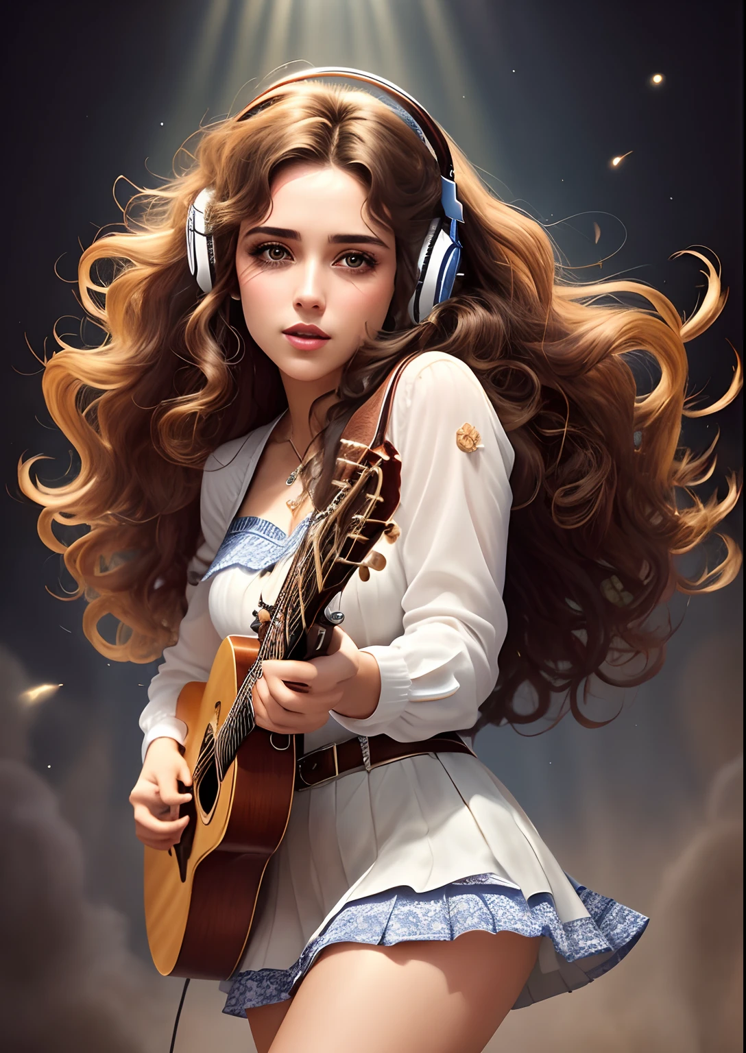 A cute pop singer with Long curly  hair and symmetrical teary eyes holds a guitar and sings into headphones, wearing a short skirt, with a dynamic angle, captured in a high-detailed cowboy shot, exuding a melancholy emotion, featuring soothing tones and a contrasting mix of light and shadow, all while emphasizing the subject's hair, eyes, mouth, and action in a composition that is both pleasing to the eye and thought-provoking.