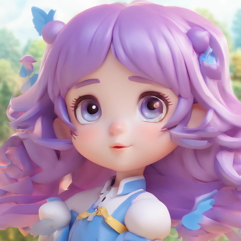 cute, chibi, big breasts, purple sweater, snow white skin, cerulian blue hair, blue eyes, angel wings, fluffy blue tail, lavander upside down triangle marking on forehead