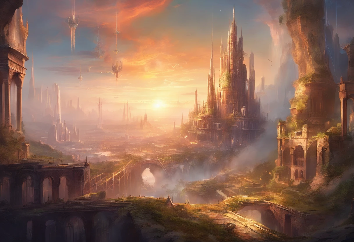 Wide aerial shot of ruined city, year 2150