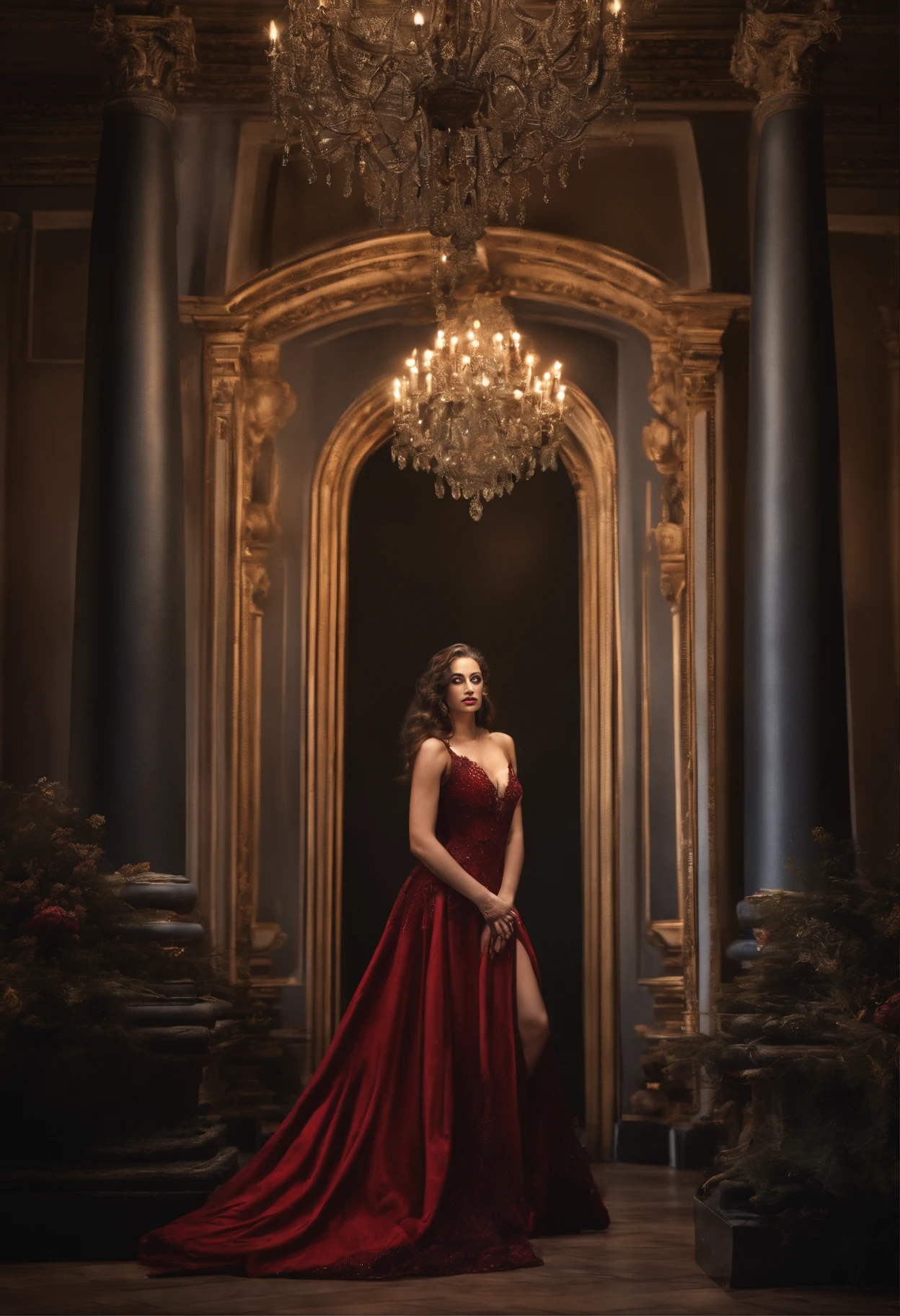 (best quality,4k,8k,highres,masterpiece:1.2),ultra-detailed,(realistic,photorealistic,photo-realistic:1.37),dark,majestic,beautiful evil queen,deep red velvet gown,long flowing black hair,crown adorned with precious gemstones,piercing,mesmerizing eyes,straight perfect nose,full,red lips,royal posture,golden scepter,powerful,enchanted mirror,ominous,stormy clouds,breathtakingly detailed castle,gothic architecture,ornate chandeliers,moonlight illuminating the scene,heavy mist,subtle glow from spellbound spells,rich color palette,contrasting shadows,hauntingly captivating,foreboding,powerful aura