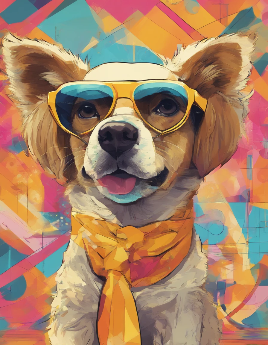 (cachorro golden ) wearing myopia glasses,(melhor pose),(best angle), (better expression), Eduardo Kobra acolchoamento ,multidimensional geometric wall PORTRAIT, arte, Chibi,Yang08k, lindo, Colouring,