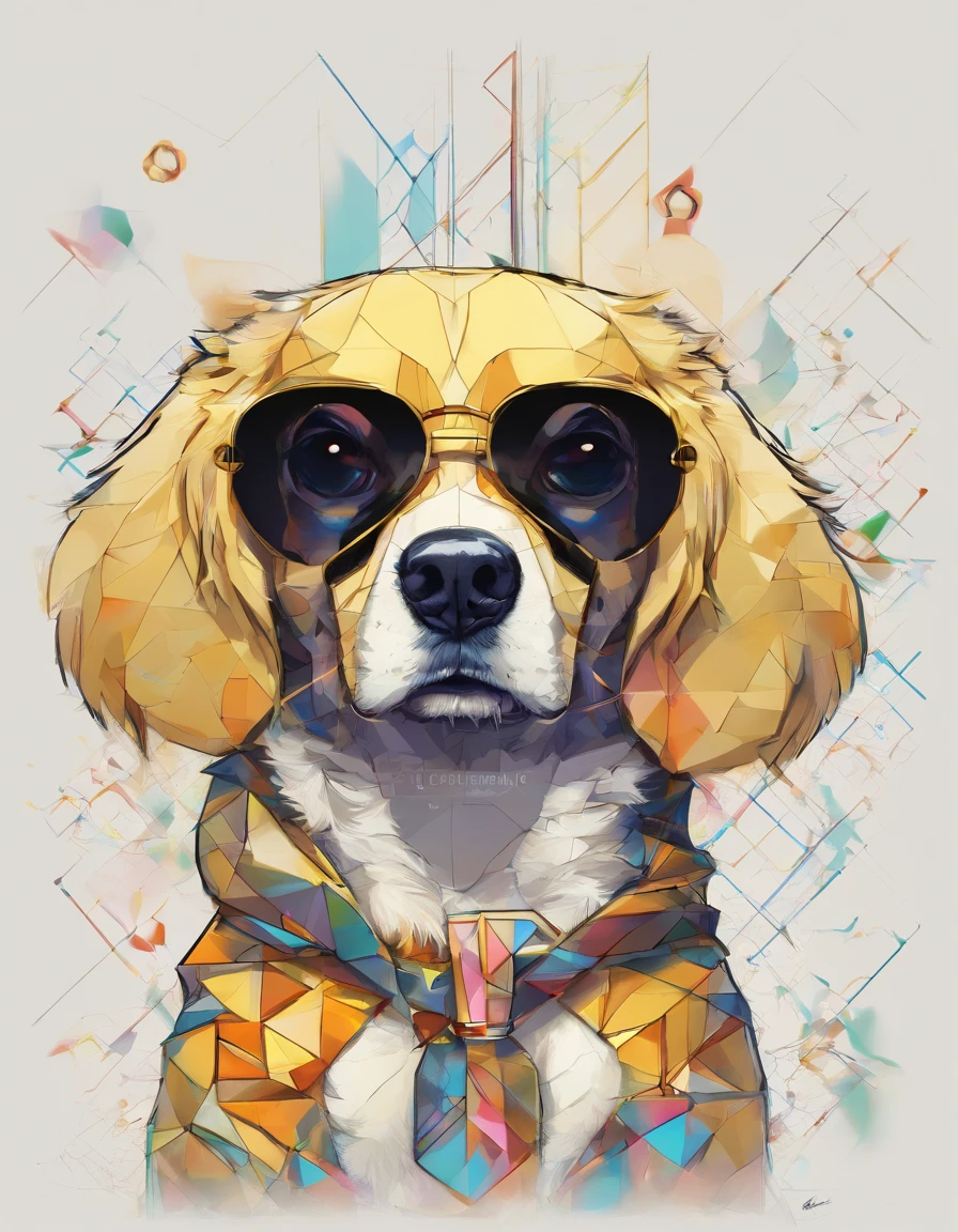 (cachorro golden  ) wearing myopia glasses,(melhor pose),(best angle), (better expression), Eduardo Kobra acolchoamento ,multidimensional geometric wall PORTRAIT, arte, Chibi,Yang08k, lindo, Colouring,