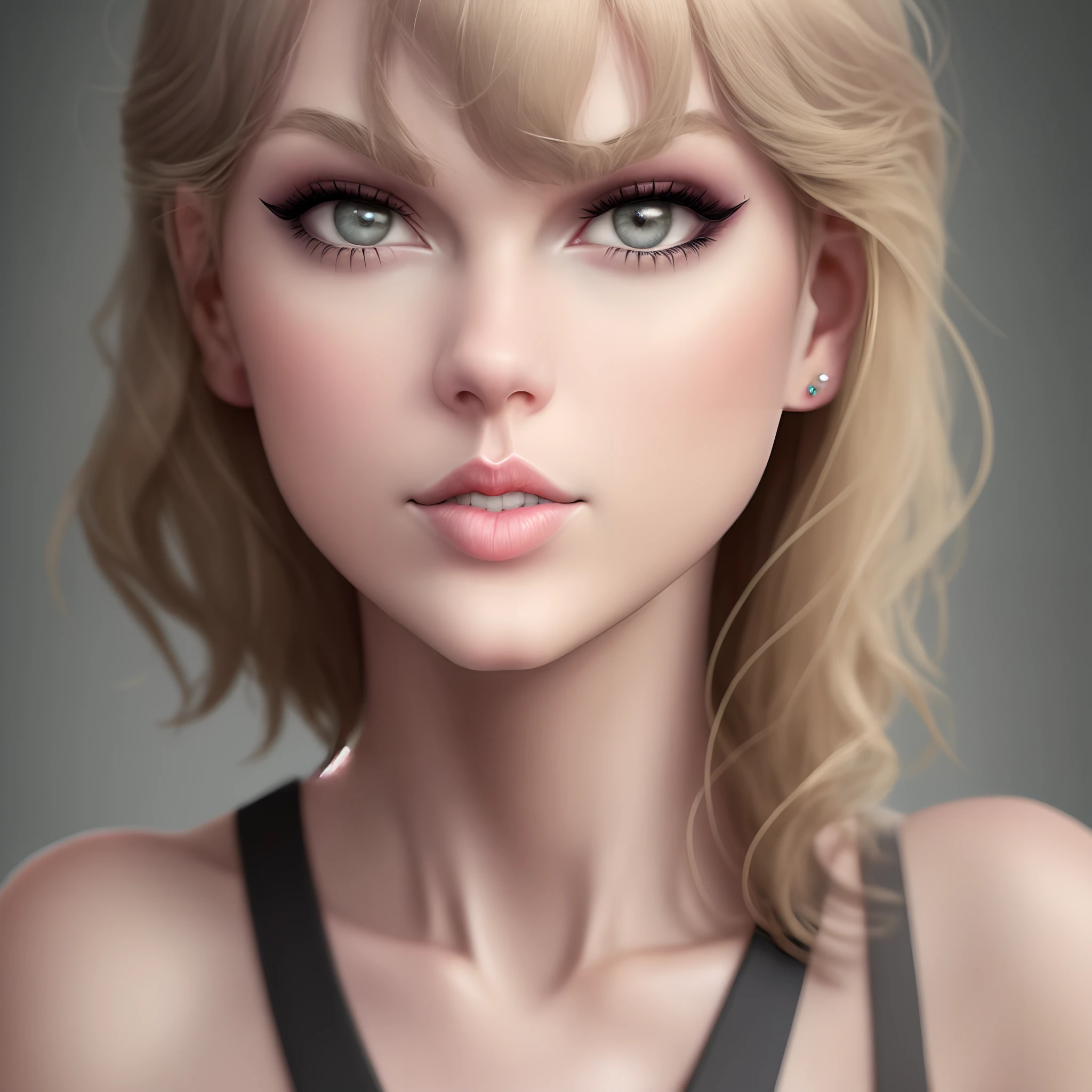 1woman, very Taylor Swift, beautiful skin, strong make up, eye make up, dress, confident, passion, smile, portrait, front look, 4k, high-res, best quality, illustration