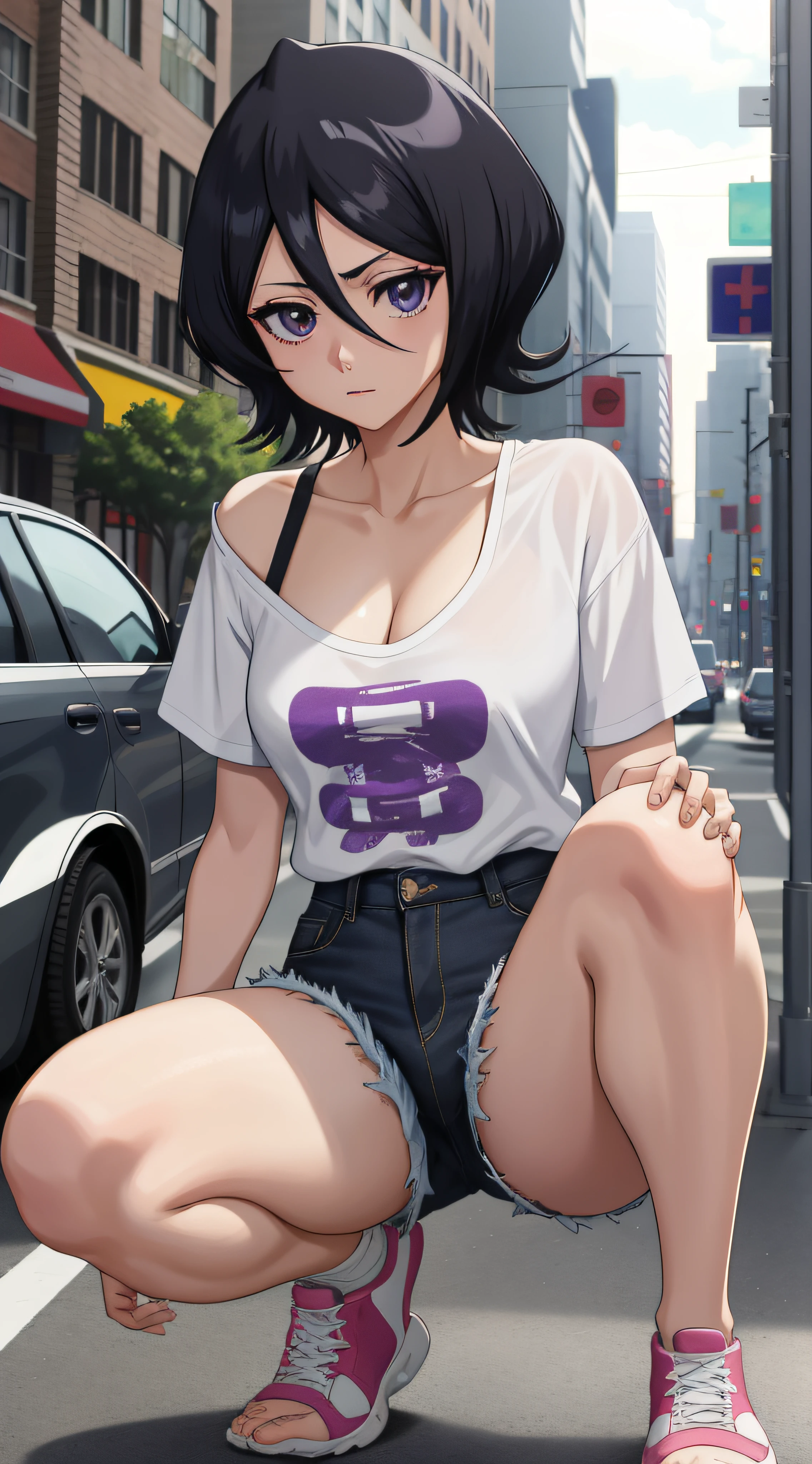 anime screencap, city, 1girl, solo, short hair, black hair, purple eyes, looking at the viewer, hair between eyes, lustful, closed mouth, ass, wide hips, short top, short shorts, unbuttoned shorts, squatting, legs apart, erotica, back