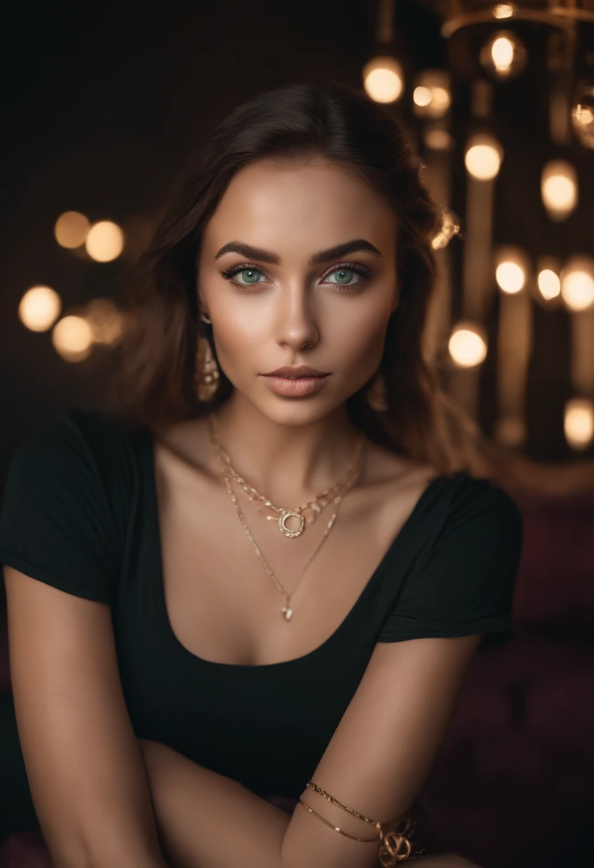 arafed woman with a white tank top and a necklace, sexy girl with green eyes, portrait sophie mudd, brown hair and large eyes, selfie of a young woman, in nightclub, violet myers, without makeup, natural makeup, looking directly at the camera, face with artgram, subtle makeup, stunning full body shot, piercing green eyes,completely naked show her
