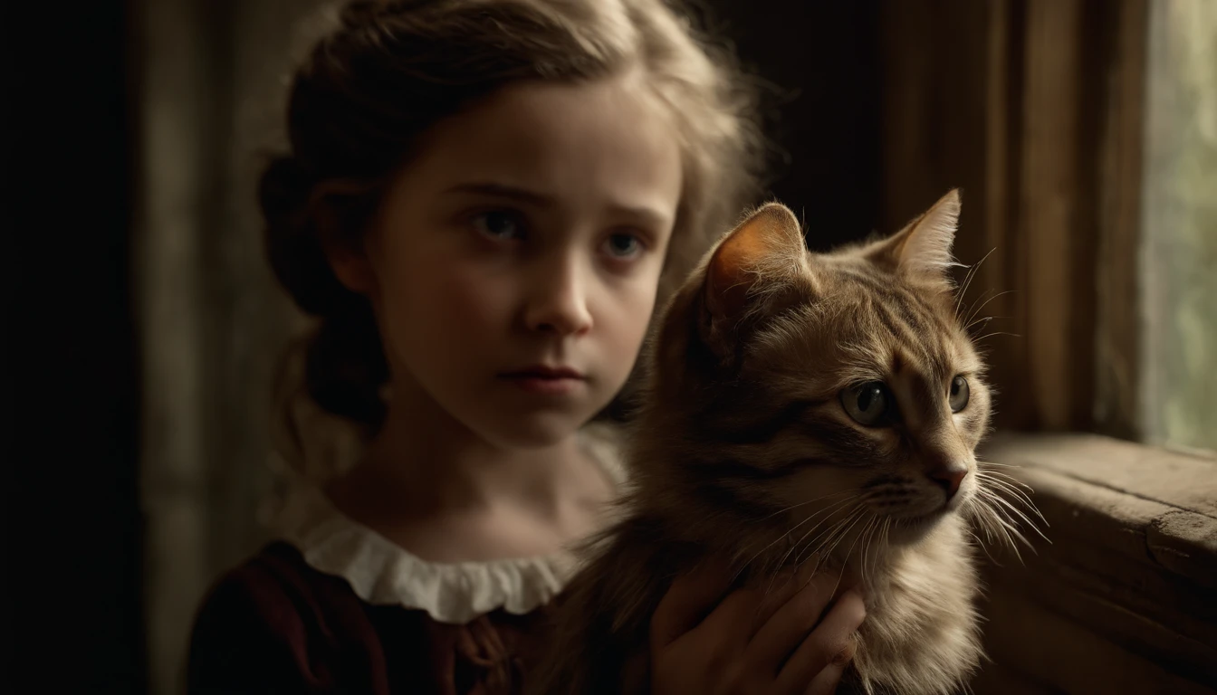 (((best quality))), high detail, depth of field, Focus: 1.2, Victorian England  girl with cat, weary eyes, fine eyes, big eyes, tattered and rotted clothing, Hair is unkempt and tangled, skin is marred with grime and dirt, abandoned, gloomy room inside a old cottage and with a broken window, detailed face and eyes is sad and scared, ((masterpiece)), (realistic photo:1.5), (((high resolution illustration))), (((extremely detailed))), dramatic shadows, cinematic